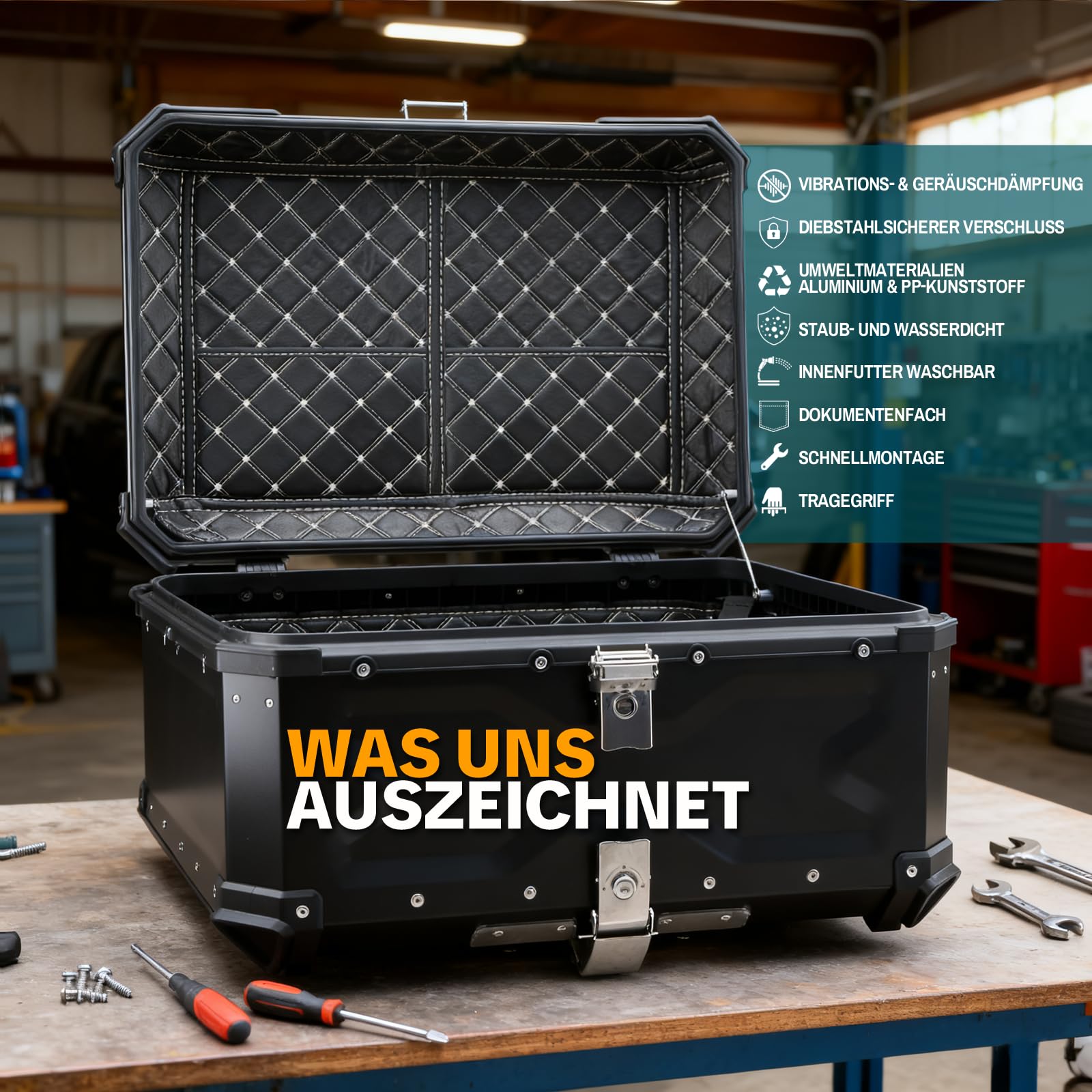 Top Case Moto 65L Aluminium Valise Moto Coffre Arrière Noir