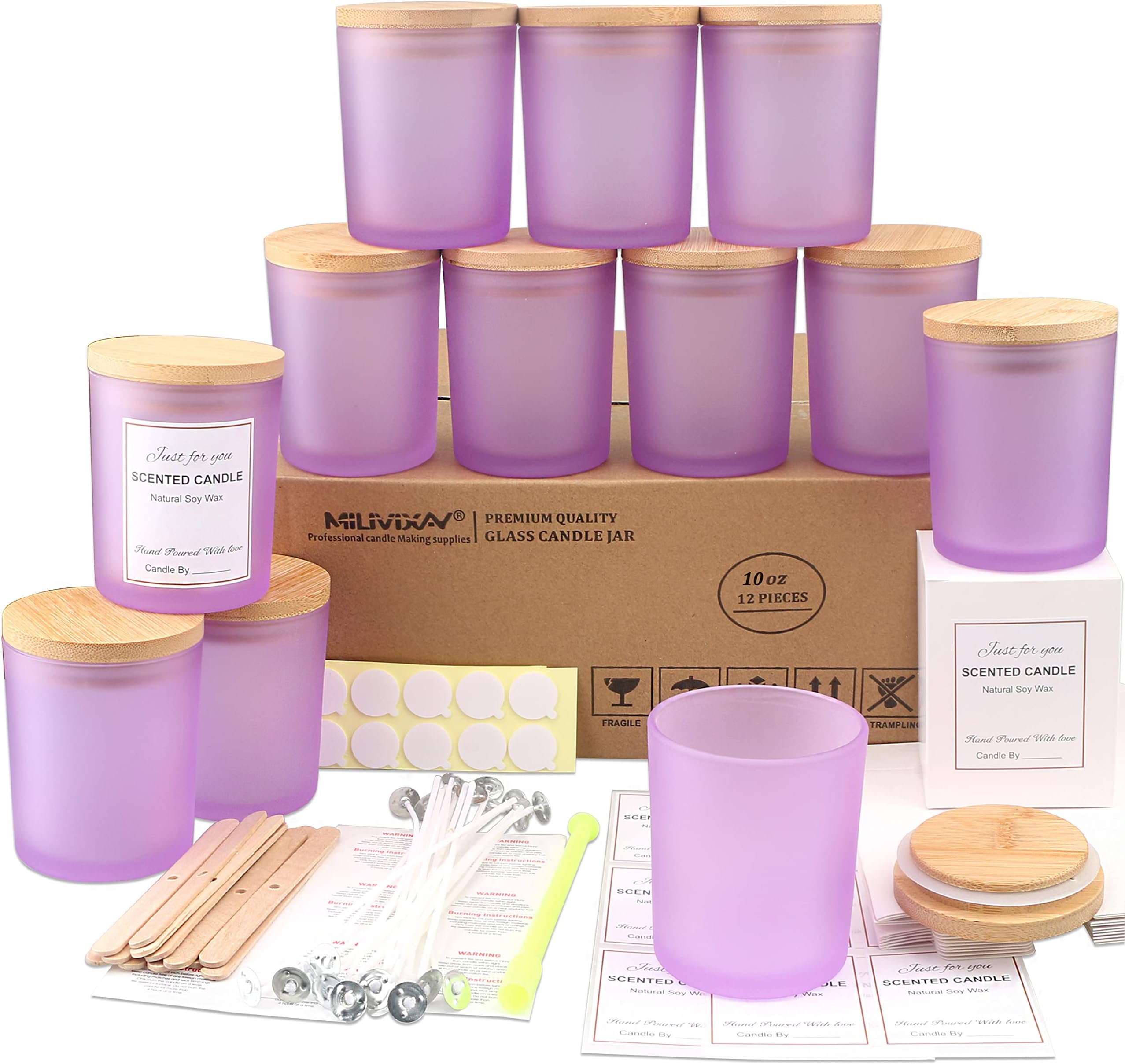 MILIVIXAY 12 Pack 10 OZ Matte Purple Glass Candle Jars with Lids and Candle Making Kits - Bulk Empty Candle Jars for Making Candles - Spice, Powder Containers.