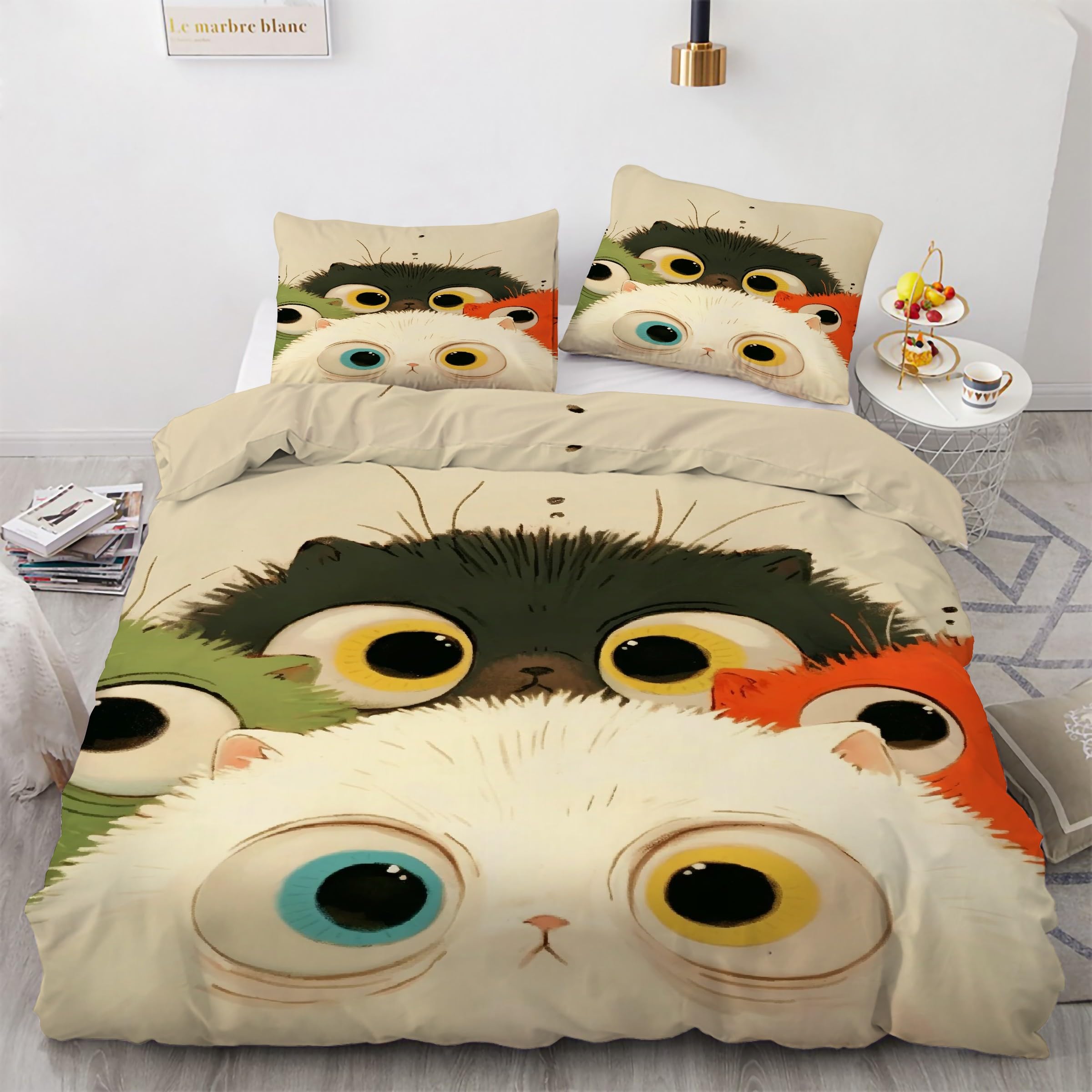 Housse de couette 220x240 chat mignon avec ses 2 taies d'oreiller