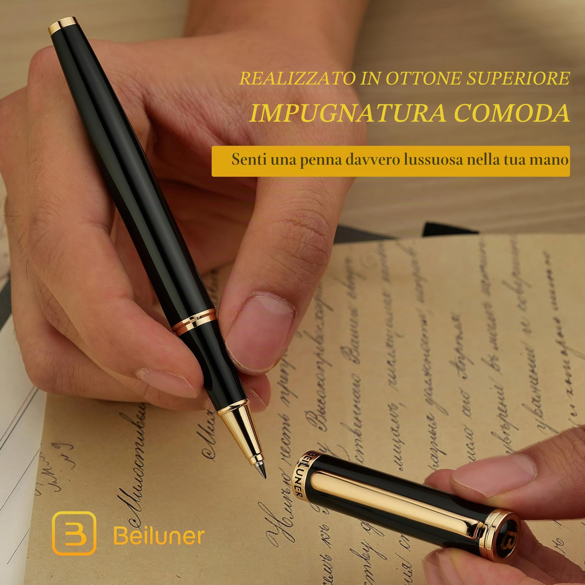 BEILUNER Penna Rollerball di Lusso Finiture Oro 24K, Design Nobili ed Eleganti, Ricambio Schneider, Set Regalo per Uomo e Donna, Professionale, Ufficio Dirigenziale - Nero & Oro