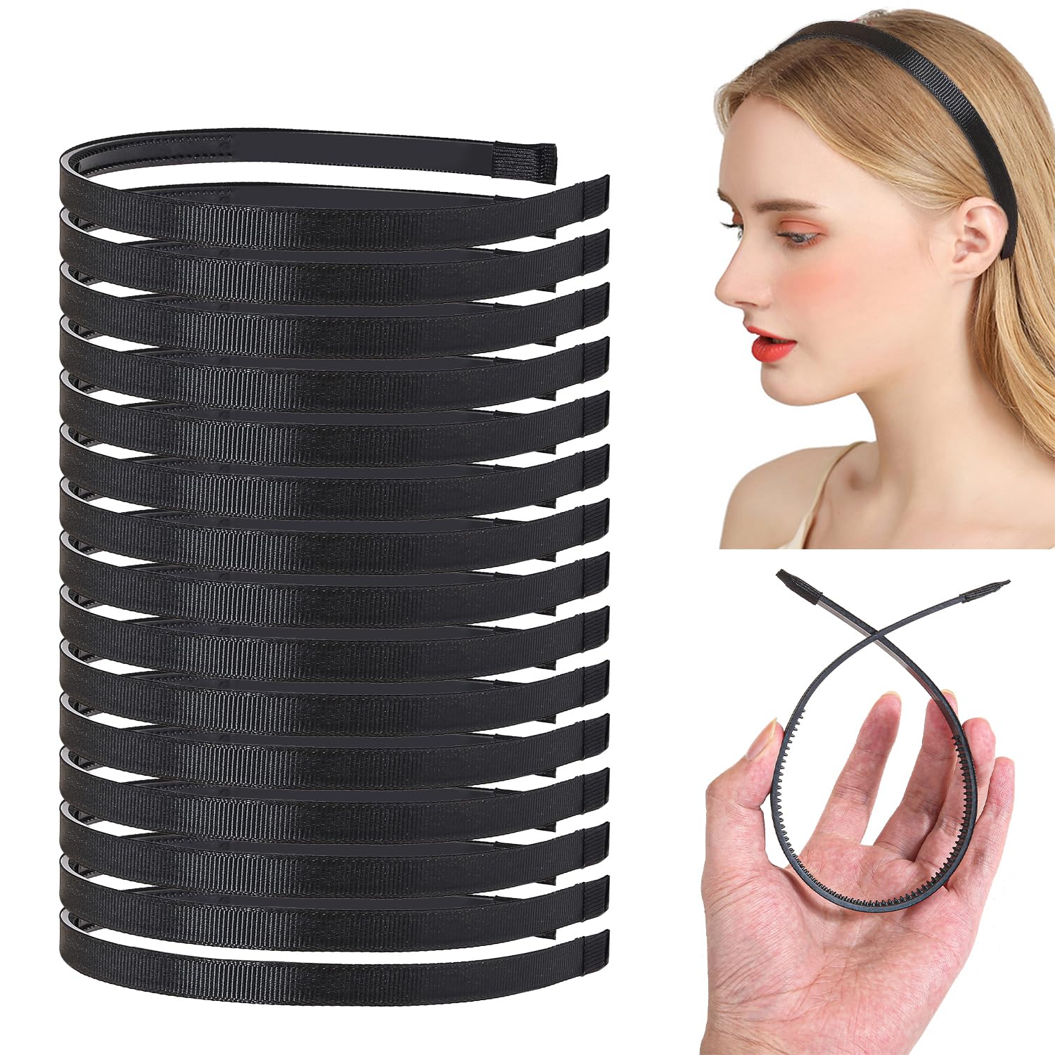 WJYX BOWS 30pcs/set Black Headband Simple Plain Hairband Girls DIY Hair Hoop Non-Slip Grip Hair Bands for Salon, Styling & Makeup