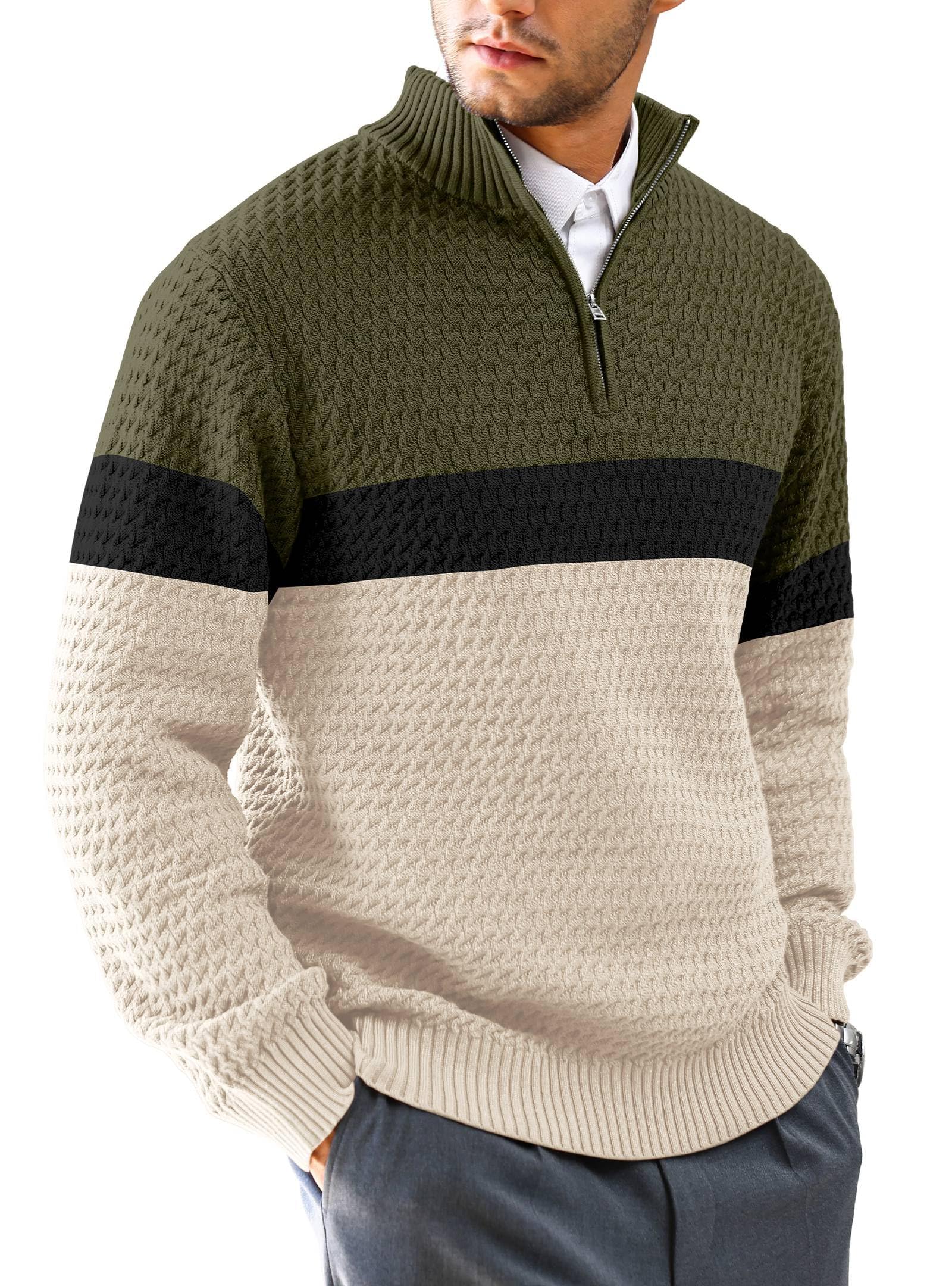 Zaitun Jersey de punto con cremallera de un cuarto para hombre, cuello alto, manga larga, casual, cálido, cómodo, ajustado, suéter de invierno para hombre