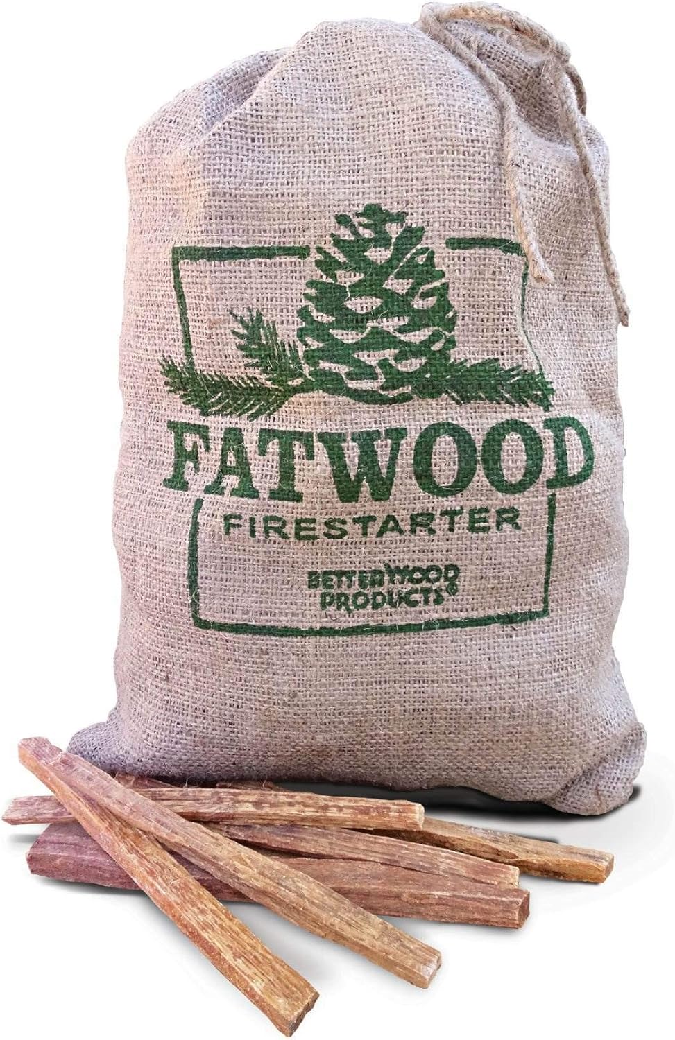 Betterwood Fatwood Firestarter Burlap Bag for Campfire, BBQ, or Pellet Stove; Non-Toxic and Water Resistant; Safe and Easy Set- Up, 10LB