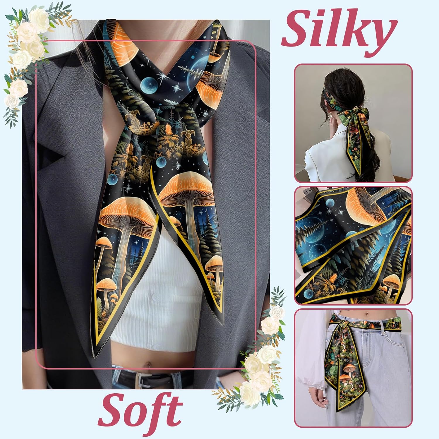 2PCS Scarf Silk Feeling Hair Head Satin Long Neck Fashion Scarfs for Bag Decoration Women Girls Cute 59 * 6.7” - Image 4