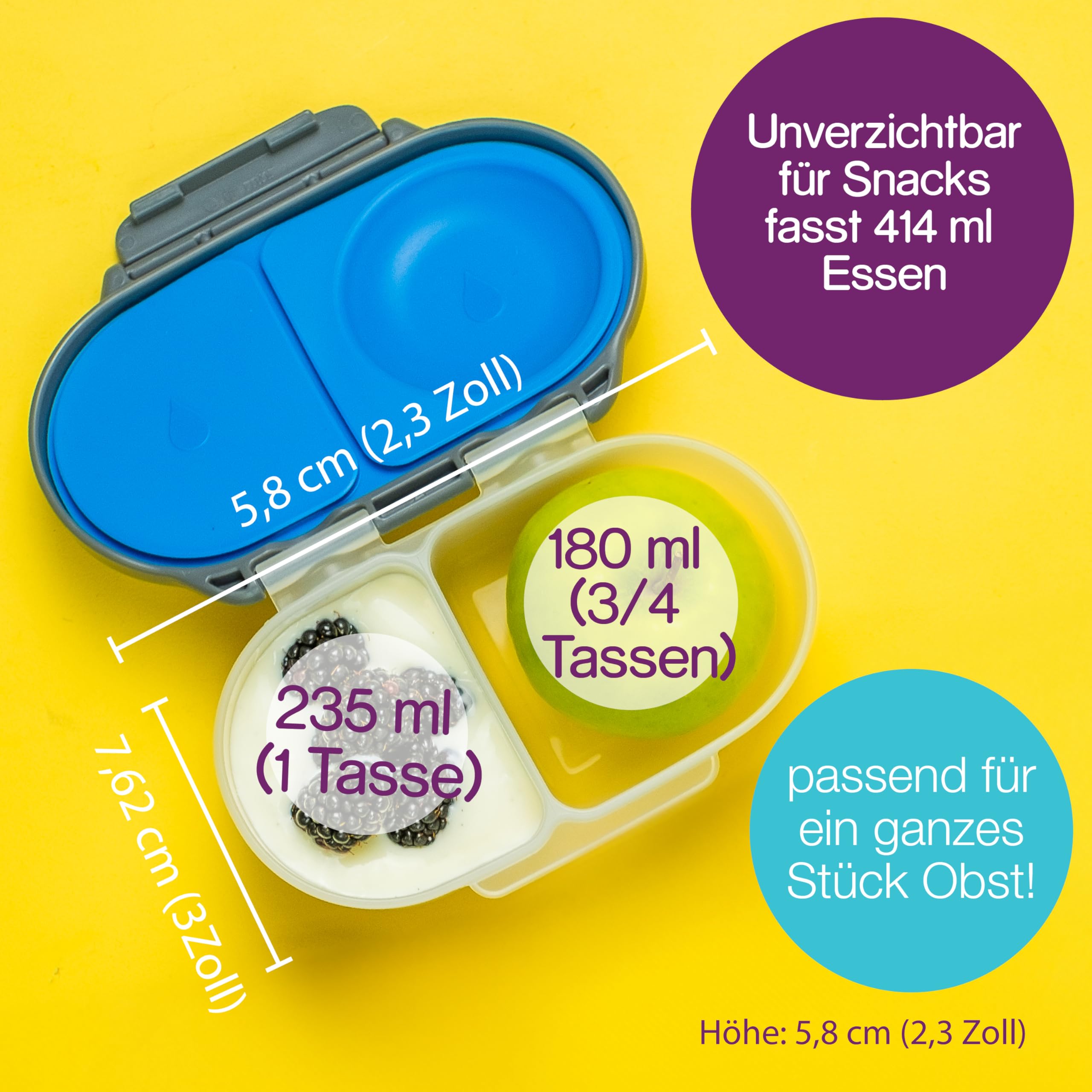 b.box Mini Brotdose für Kinder mit Fächern | Bento Box, 3 Fächer (2 Auslaufsicher) | Lunchbox für Gerichte & Snacks | Platz für Ganzes Obst | BPA-frei