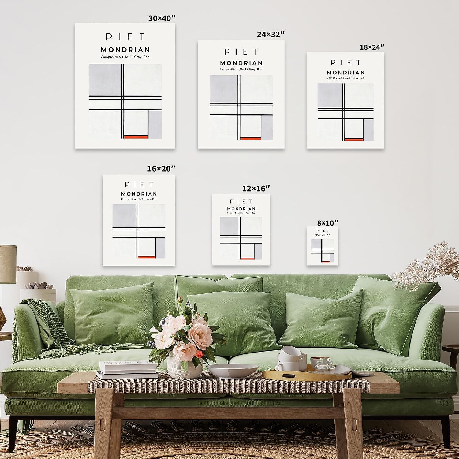 Poster Master Vintage Piet Mondrian Canvas - Retro Composition No. 1 Gray Red Painting Print - Line Art - Minimal Gift for Her, Him - Abstract Decor for Office, Bedroom - 8x10 STRETCHED Canvas