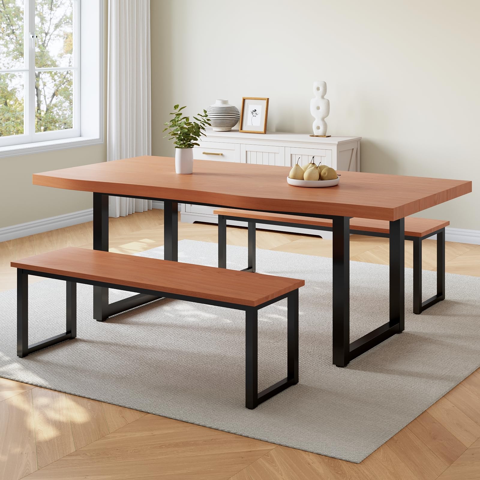 HIPIHOM 63" Dining Table with 2 Bench, Modern Kitchen Table Set for 4 to 6 Persons, Thickened MDF Wooden Table for Dining Room, Kitchen,Living Room