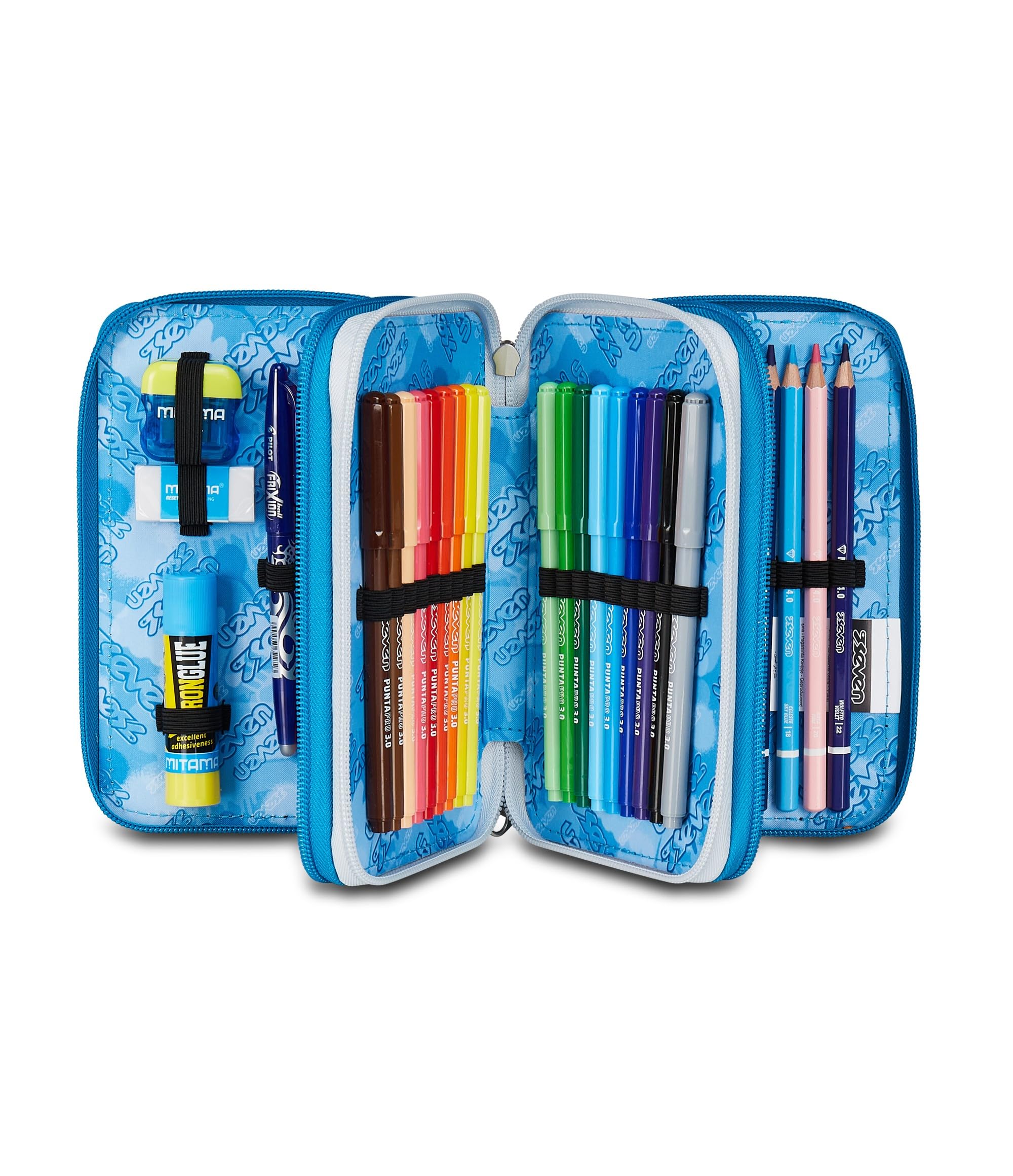 Seven Astuccio Scuola 3 Zip Portapenne Triplo Scomparto Grigio Azzurro