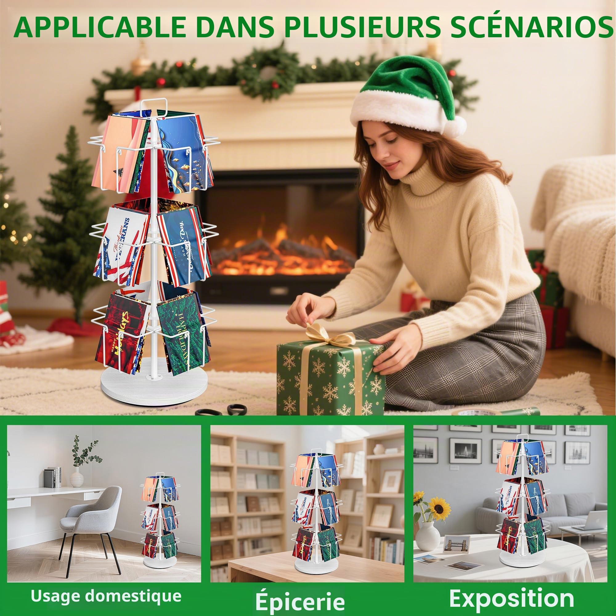 Présentoir rotatif à 3 niveaux avec 12 poches, support de cartes de vœux en métal pour autocollants, cartes photo, brochures, comptoir de cartes postales pour la maison, la vitrine, la vente au détail