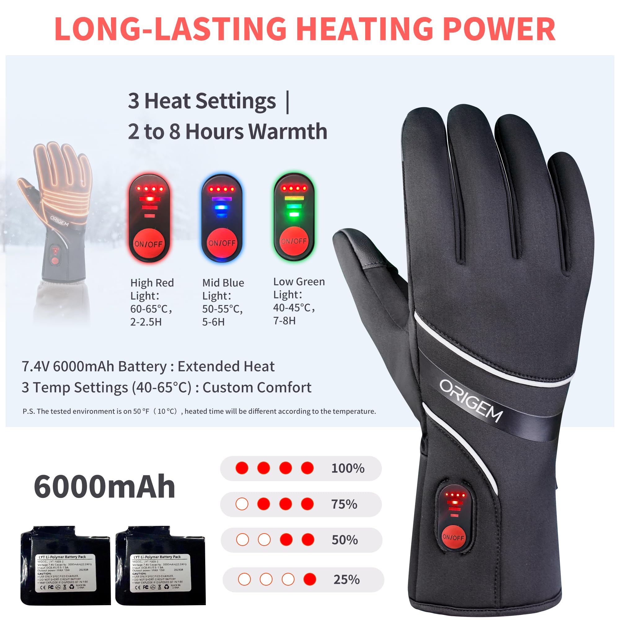 Origem Guanti Riscaldabili Moto Uomo Donna Ultrasottile, 6000mAh Batteria Ricaricabili, Invernali Termici Impermeabile Touchscreen Antiscivolo Riflettente Sottoguanti per Sci Bici Scooter Raynaud