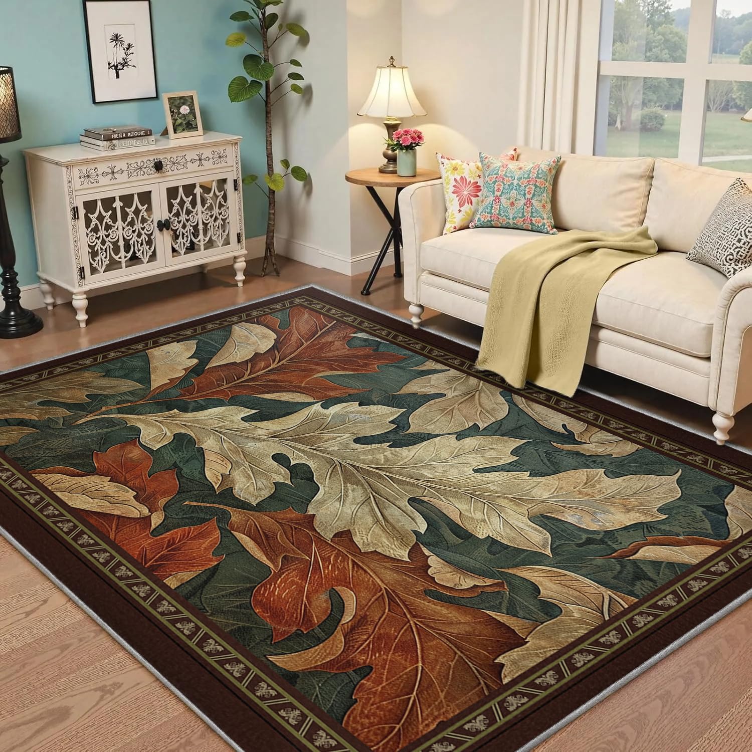 Tapis d'intérieur marron pour chambre style ferme et décoration rustique botanique 140x200cm