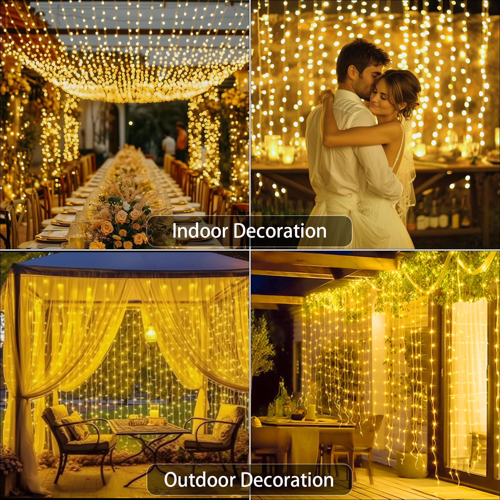 Rideau lumineux à piles - 6 x 3 m - 600 LED - Étanche - Avec télécommande - 8 modes - Cascade - Guirlande lumineuse pour patio, gazebo, fête, Saint-Valentin