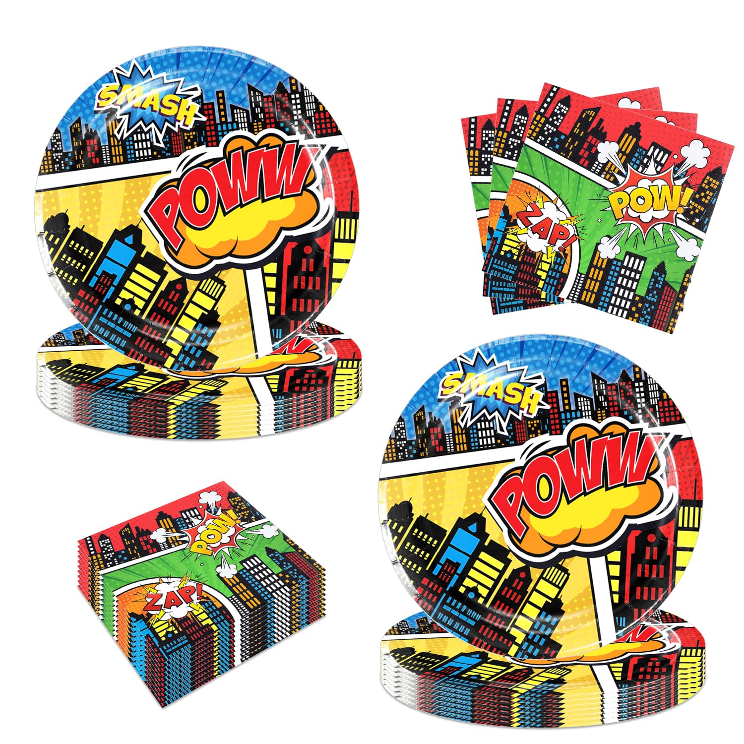 40Pcs Superhero Birthday party supplies Dinner plates and Napkins Hero themed party cutlery Set Hero Action One-time decoration for a birthday baby shower for 20 guests, Yellow