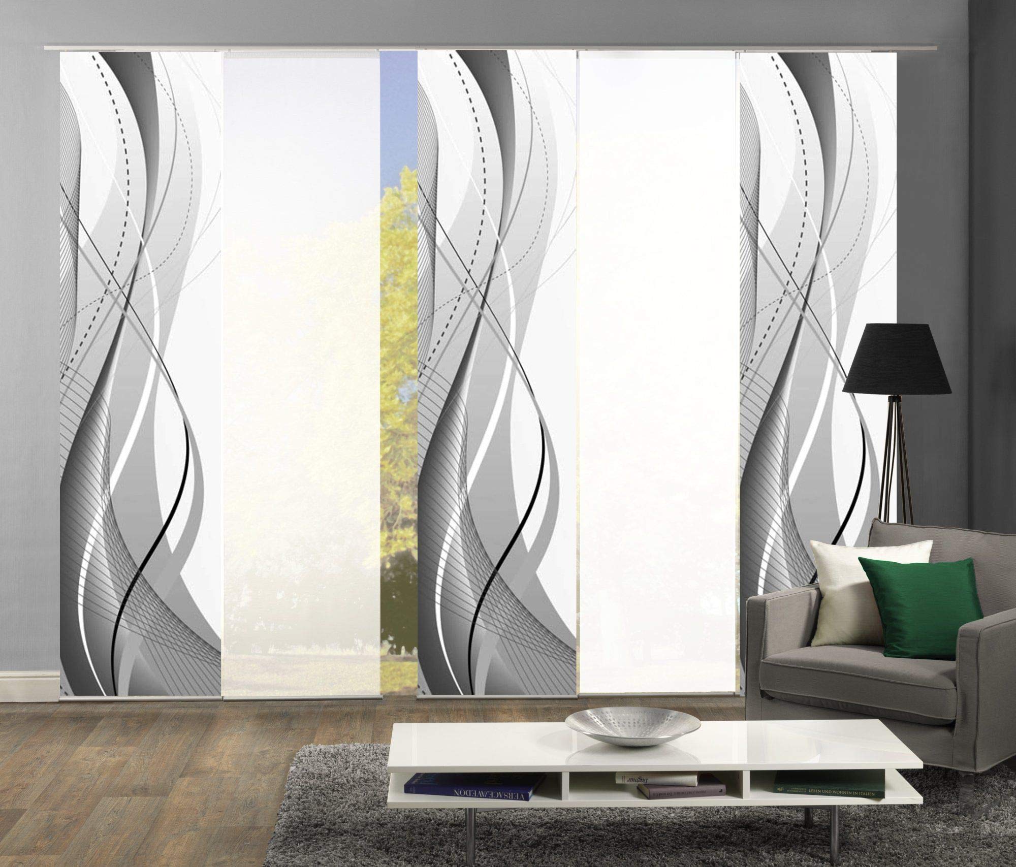 5er-Set Flächenvorhang, Deko Blickdicht, WuXi, Höhe 245 cm, 3X Dessin /2X Uni transparent, Fb. grau/weiß