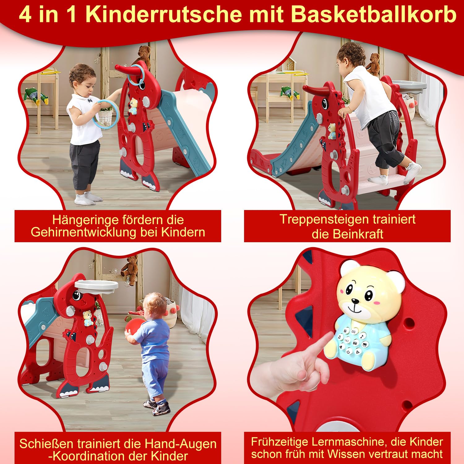 4-in-1 Kinderrutsche Faltbar, Kinder Fun-Slide mit Basketballkorb, Rutsche ab 1 Jahr, Indoor & Outdoor Rutschbahn, Baby Rutsche Gartenrutsche -Rot