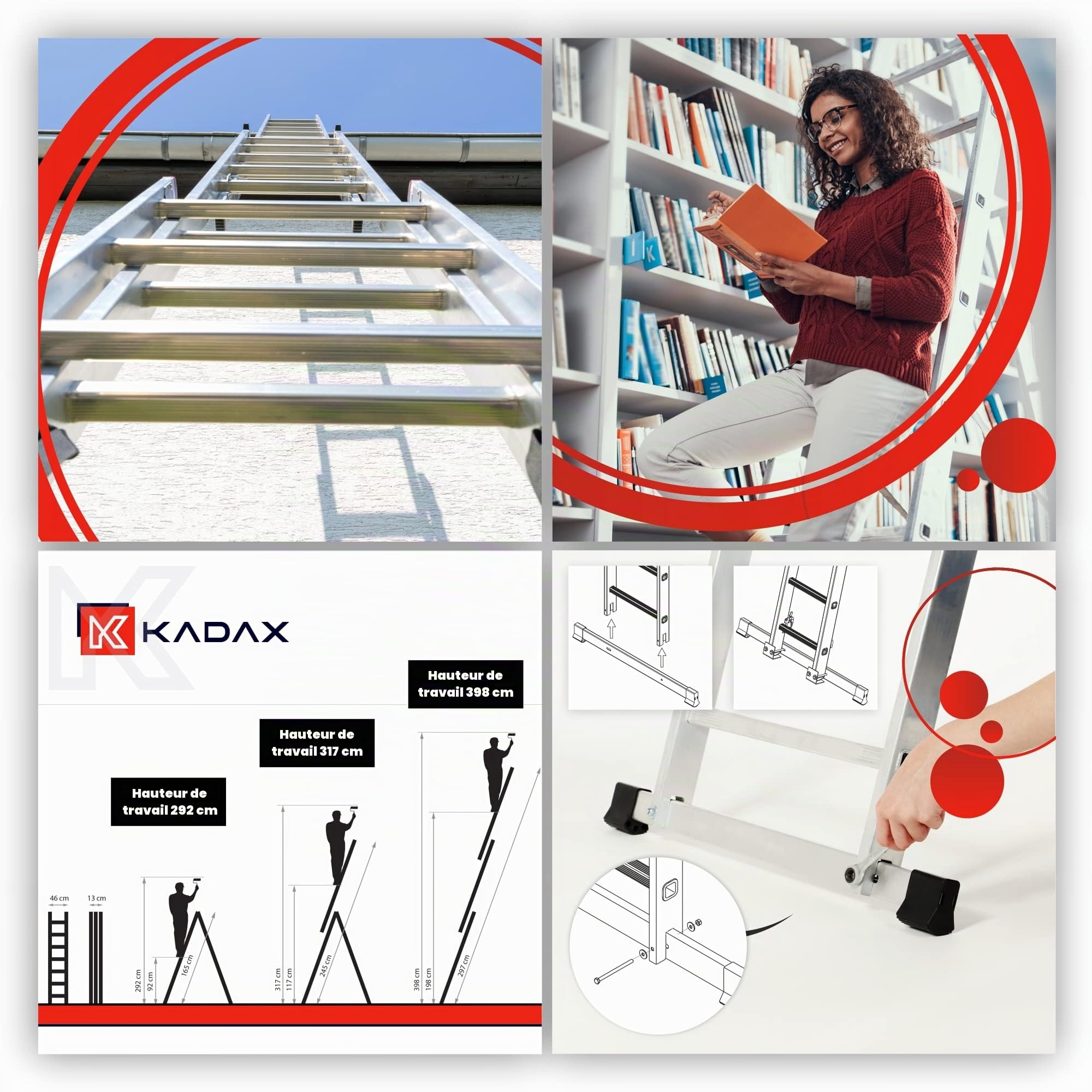 KADAX Échelle Transformable de 3 Plans, Échelle Coulissante en Aluminium, Échelle Double pour Travaux Domestiques et Professionnels (6 Marches)