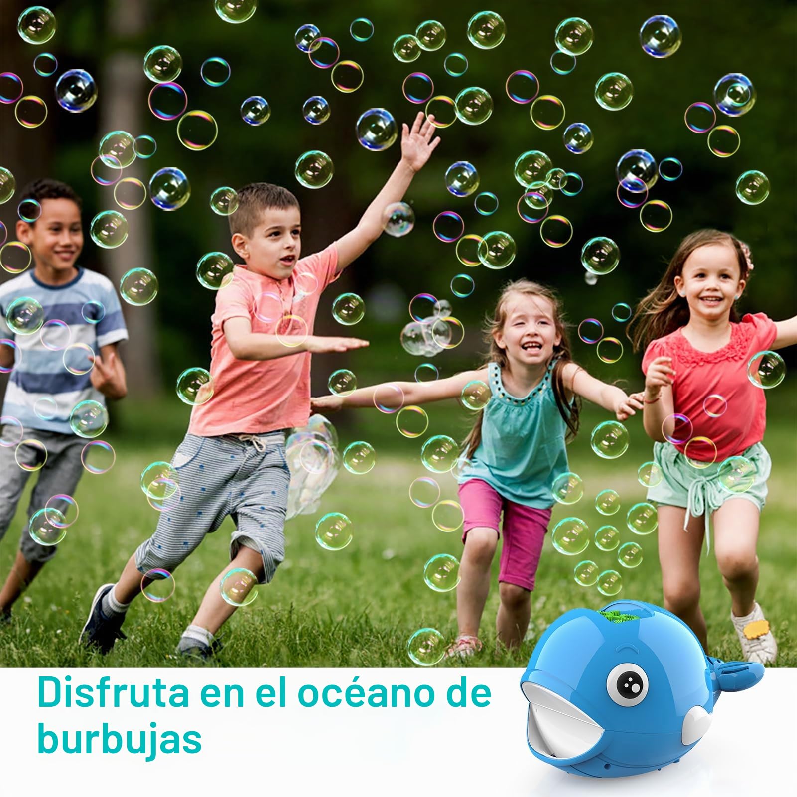 Mieryd - Máquina automática de burbujas para niños con 2 botellas de líquido para verano, juguete para niños y niñas, regalo de cumpleaños, fiesta, boda