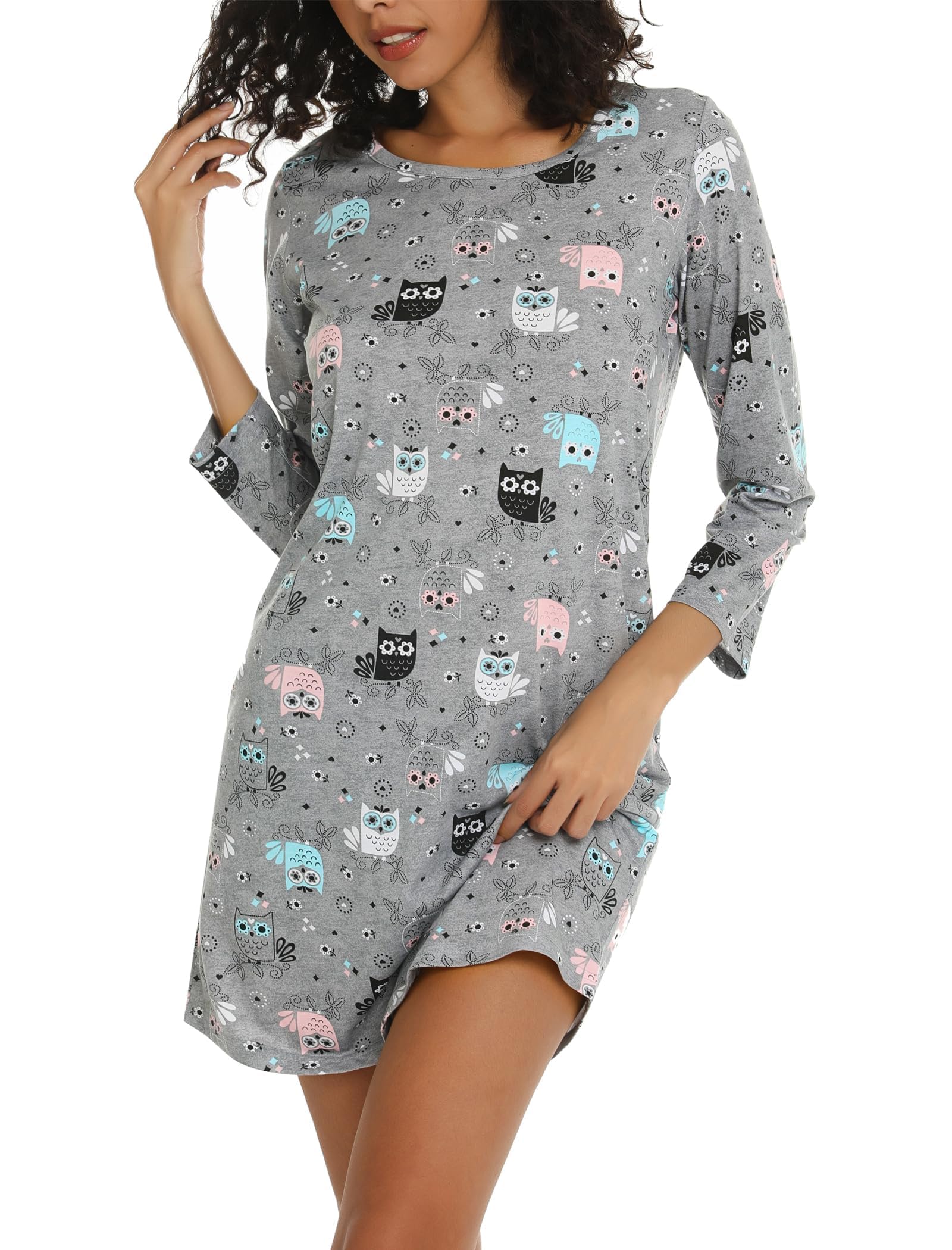 ENJOYNIGHT Nachthemd Damen Langarm Baumwolle Schlafshirt Print Sleepshirt Frauen Nachtwäsche Nachtkleid(Small,Graue Eule)