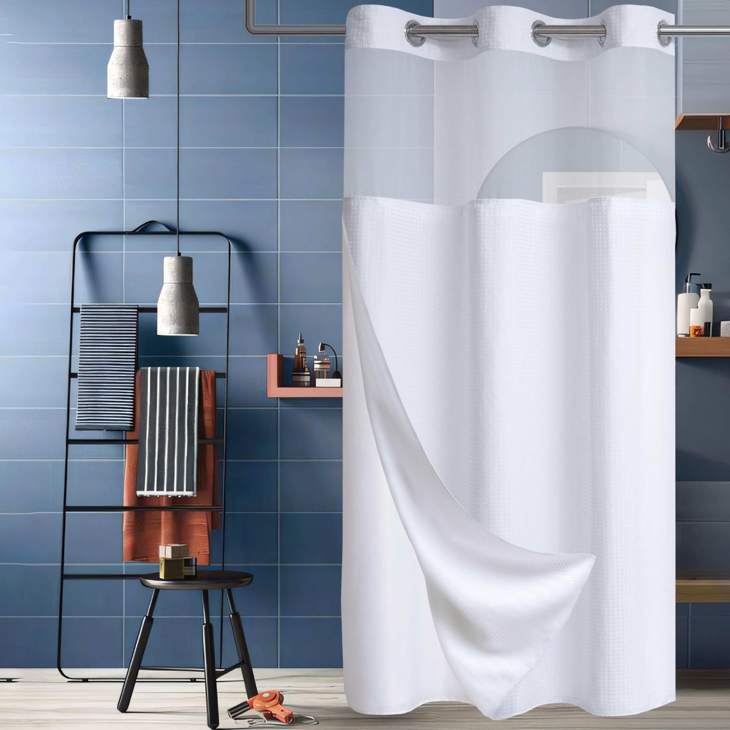 Conbo Mio Stall No Hook Waffle Weave Shower Curtain with Snap in Liner Set, Hotel Luxury White Shower Curtains for Bathroom with See Through Top