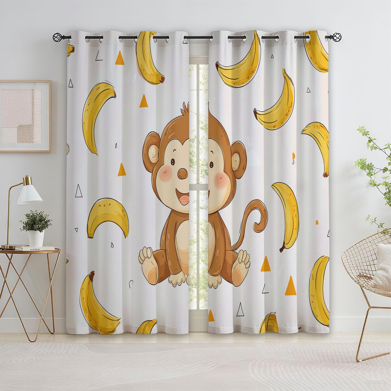 Rideaux occultants blancs pour chambre enfant et cuisine motif singe