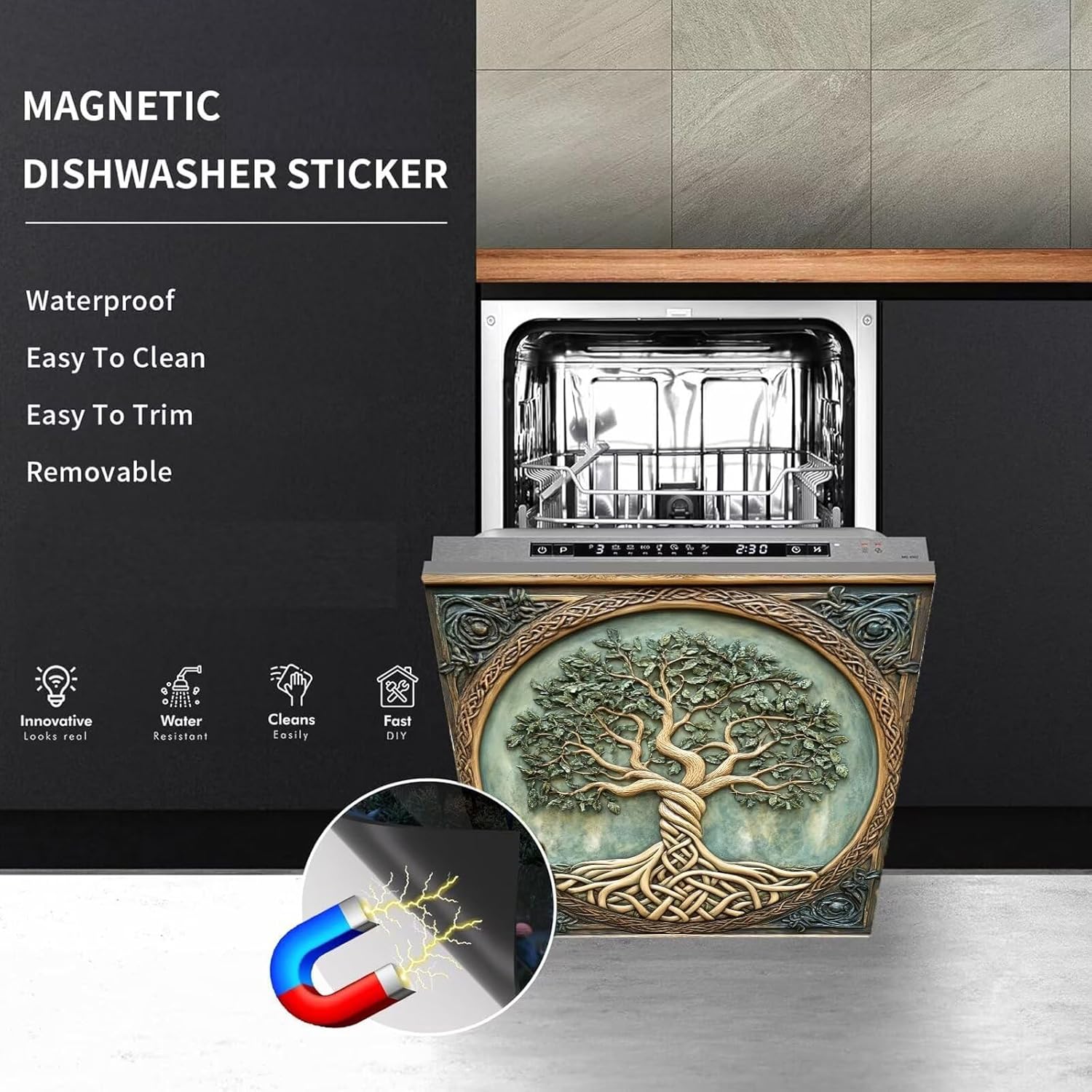 Wood Tree of Life Dishwasher Magnet Cover Panel Decal, 3D Wood Carving Tree of Life Vinyl Dishwasher Magnet Sticker, Tree of Life Magnet Refrigerator Decal (23" x 26" Magnetic)