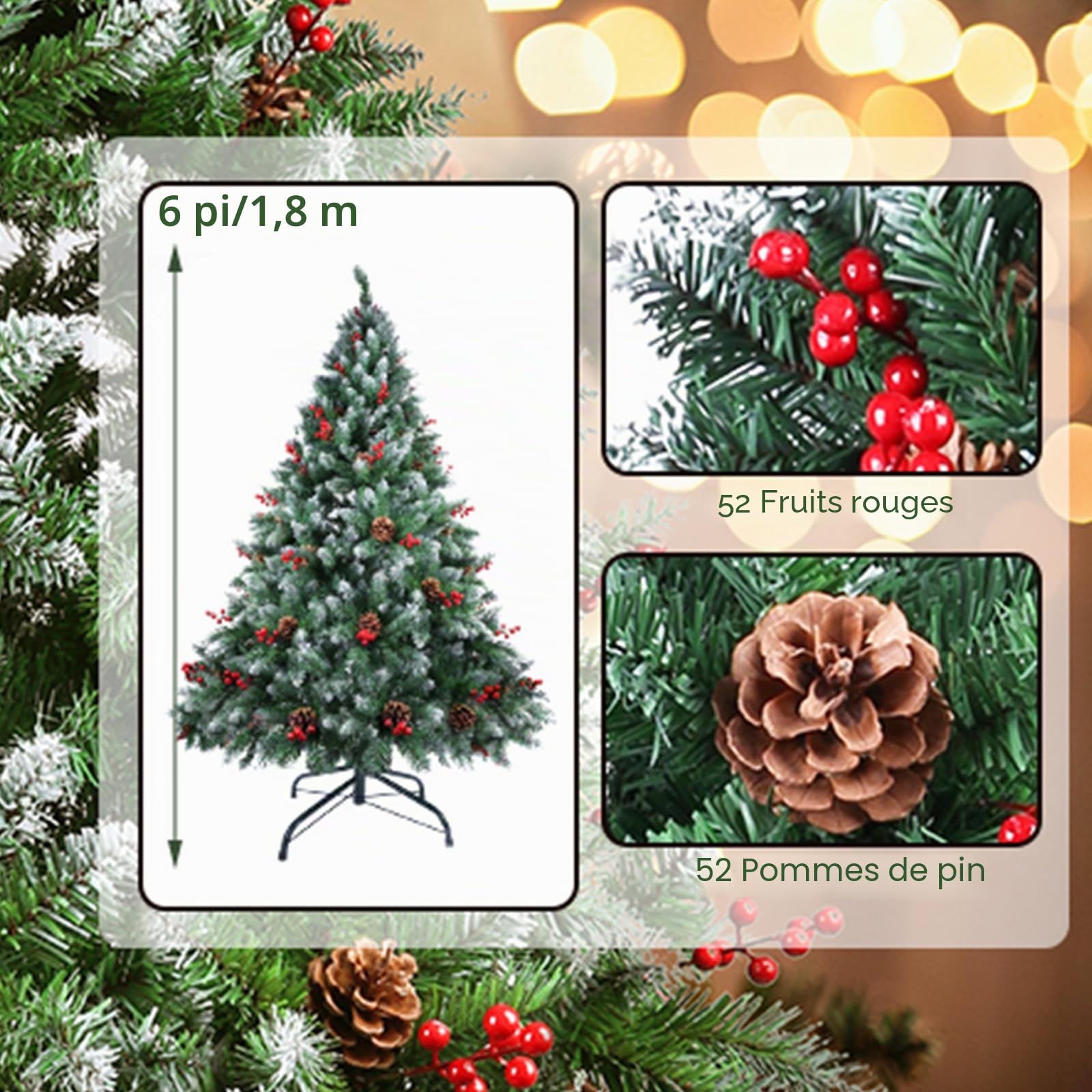AGM Sapin de Noël Artificiel, Arbre de Noël Vert Sapin, Aiguilles de Pin Mélangées | Baies Rouges | Charnières | Base en Métal, Matériau en PVC, 720 Branches, 180cm