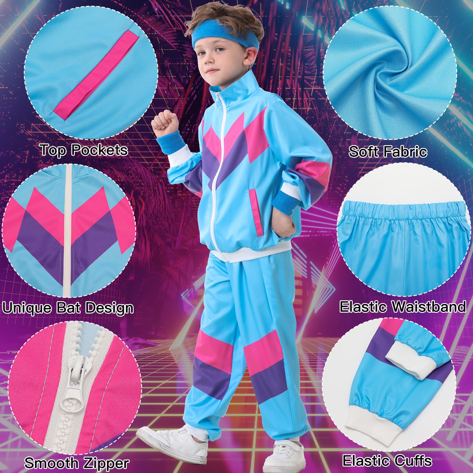 Ezuwail Traje deportivo para niños de los años 80 y 90 para niños y niñas, 6 piezas, unisex, retro, cortavientos, entrenamiento, hip hop, disfraz de baile