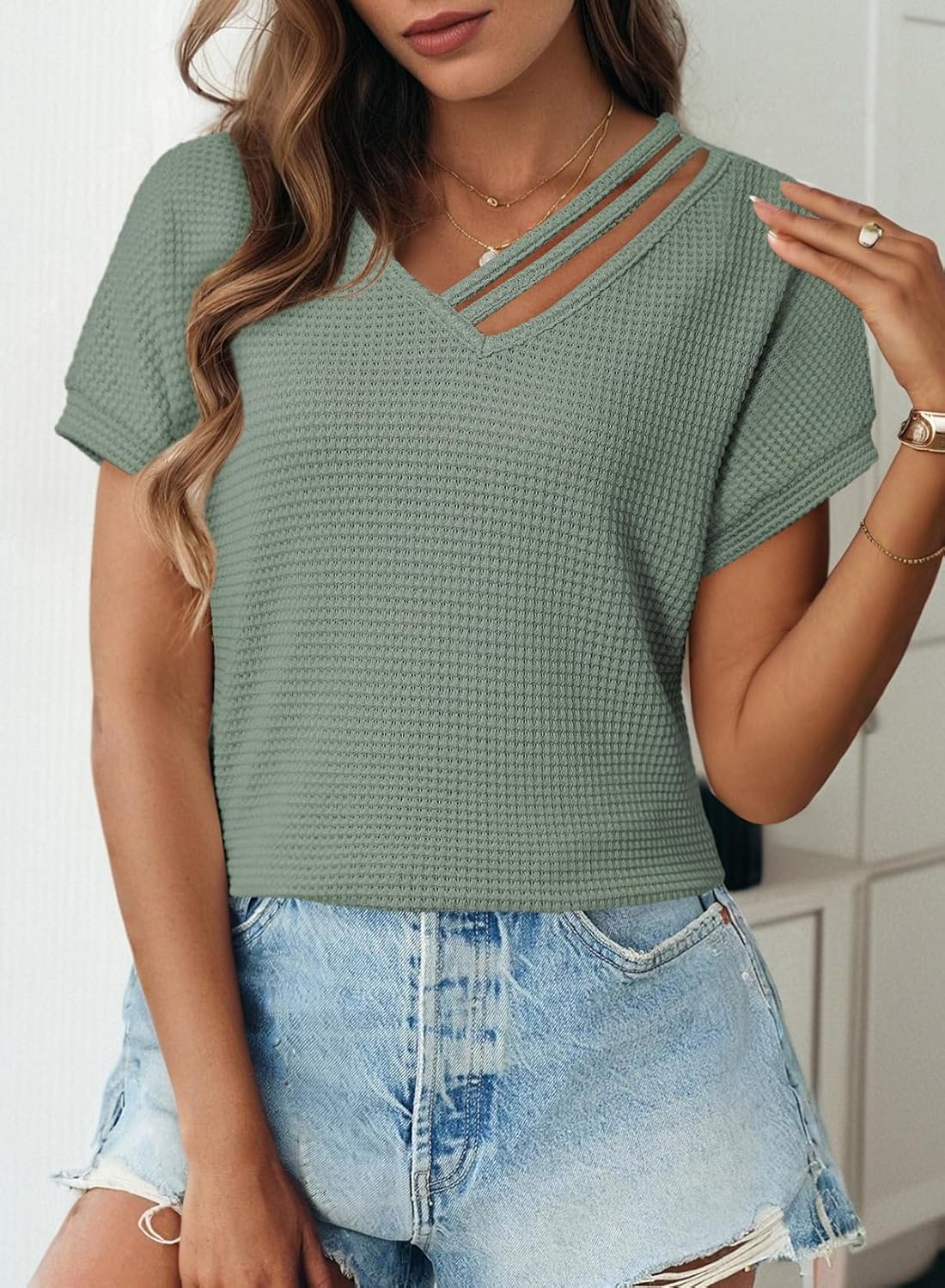 Dokotoo Womens Summer Tops 2026 Waffle Knit Short Sleeve V Neck Cut Out Shirts Loose Tunic Tops Blouses - Image 3