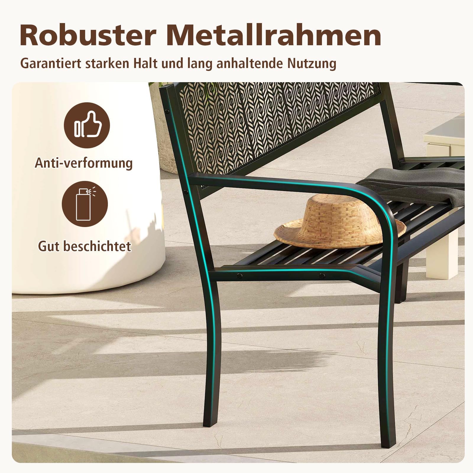FANTASK Gartenbank für 2 Personen, Eisenbank für Garten, Terrasse, Balkon Metall mit Armlehne (Schwarz), 128 x 60 x 86 cm