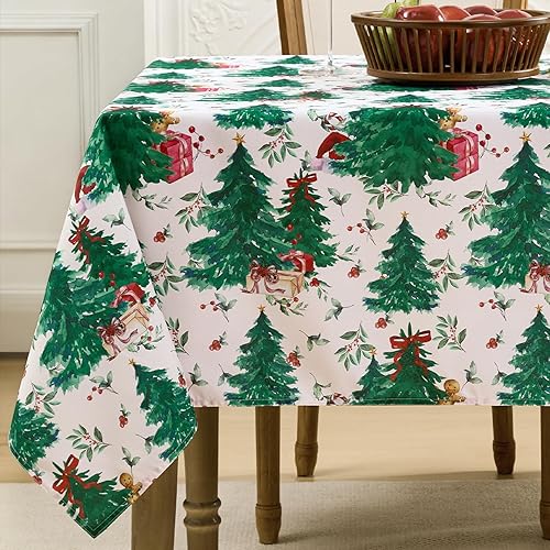 Romanstile Christmas Tablecloth Rectangle, Winter Christmas Trees Green Table Cloth,
