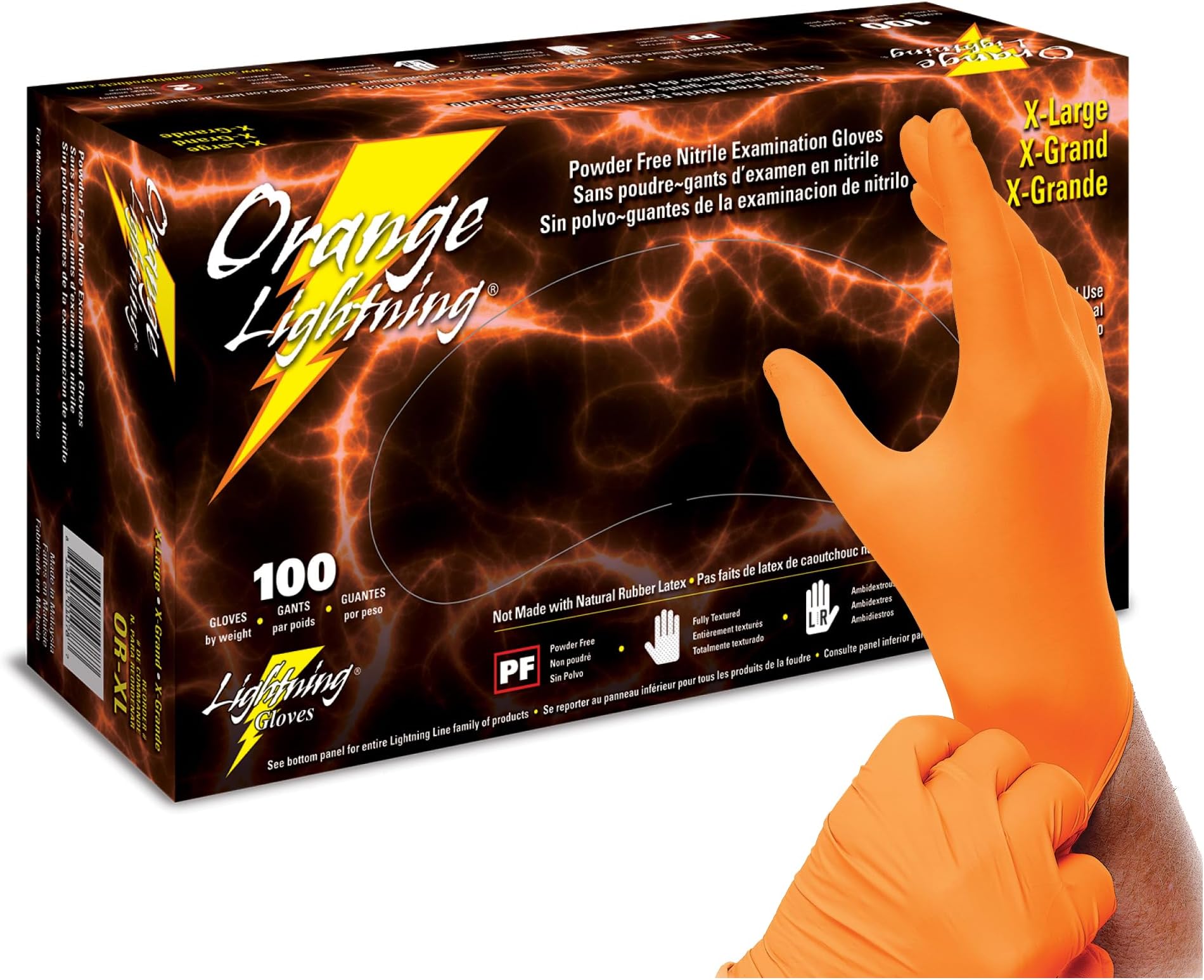 Orange Lightning Exam Gloves, Disposable, Powder-Free Nitrile Gloves, Orange, Extra Large, 100-Ct