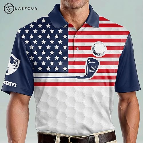 Miniatura 4 de LASFOUR Polo de golf personalizado divertido para hombre, orgulloso de golf, bandera estadounidense, polo patriótico 3D de golf para hombre
