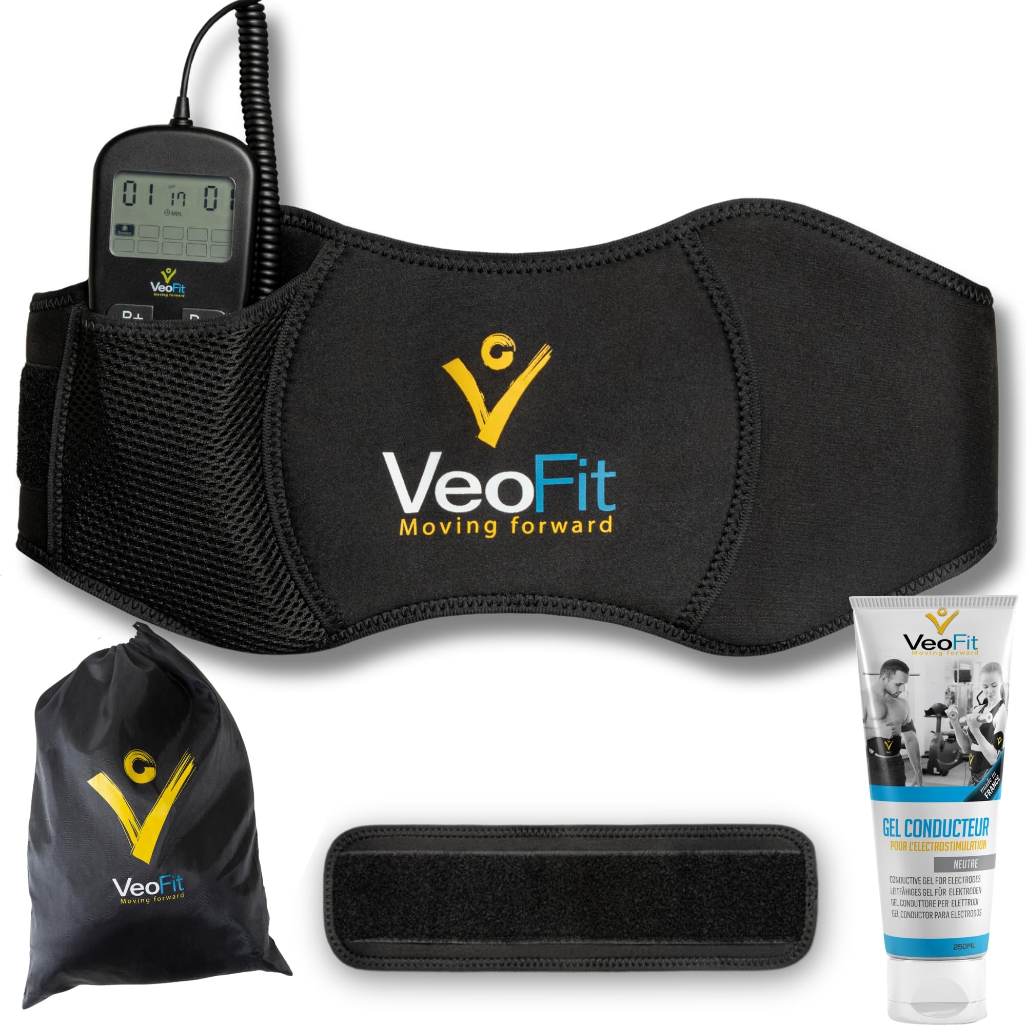 VEOFIT Ceinture Abdominale Electrostimulation et Musculation EMS- Appareil Electrostimulateur Musculaire Abdominaux Homme et Femme - 10 Programmes 99 Intensités - Sans fil, avec gel-Taille maxi 140 cm