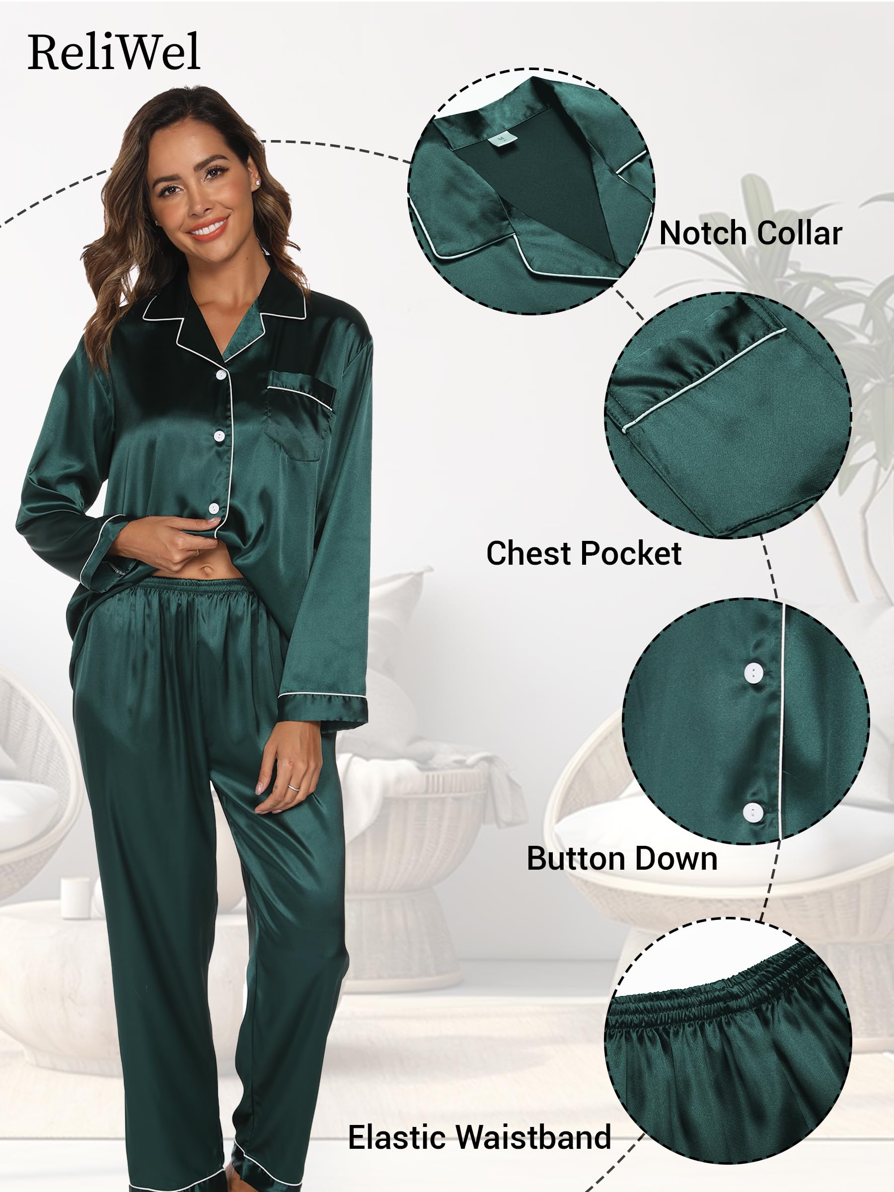Reliwel Pigiama Donna Estivo Pigiami da Donna Due Pezzi a Maniche Lunghe Pantaloni in Raso Morbidissimo Scollo V Aperto Davanti con Bottoni e Borse Laterali