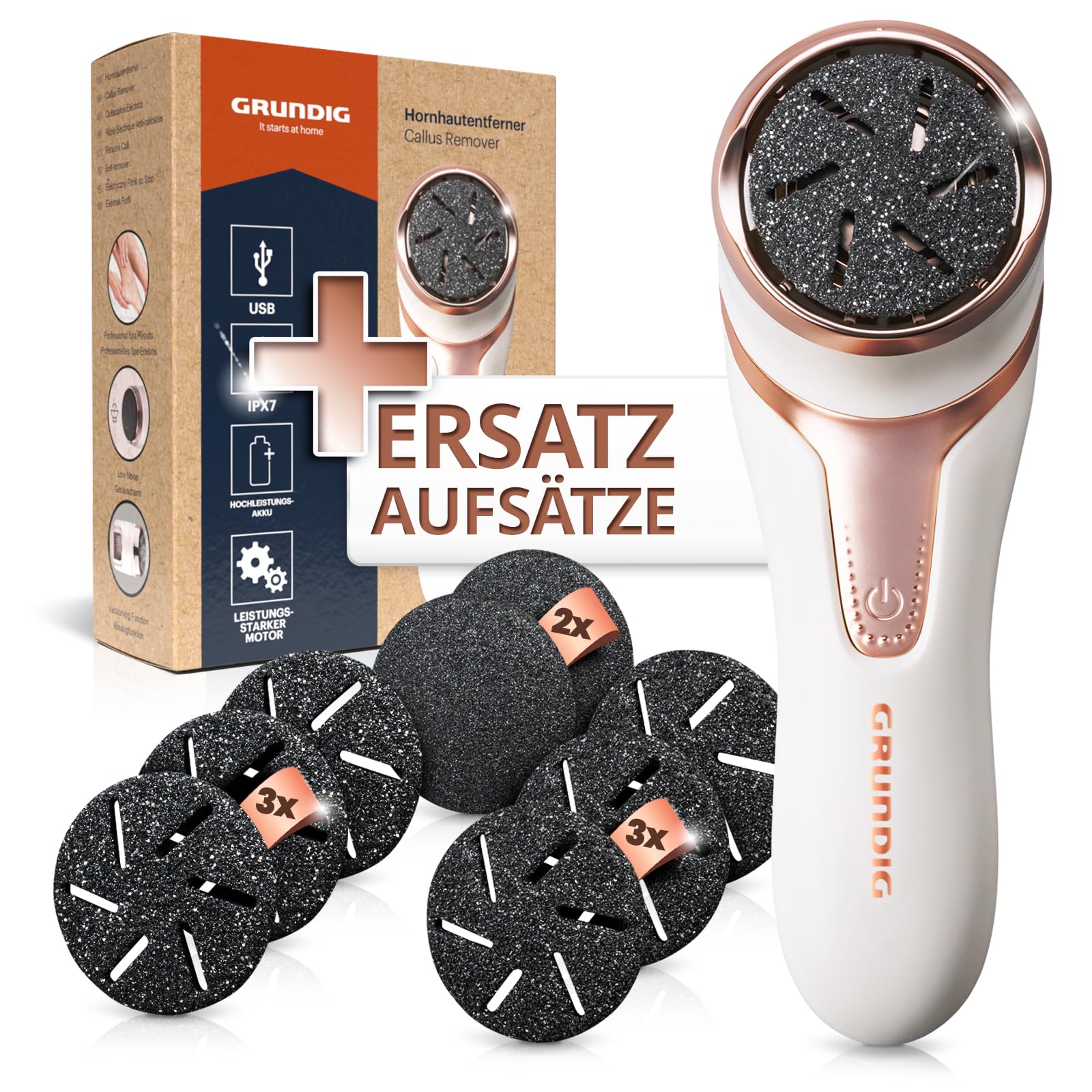 GRUNDIG Hornhautentferner elektrisch Hornhaut entfernen - schnell schöne Füße - Fußpflege Set mit Hochleistungsakku I IPX7 Fuß Pedi Pediküre (Gerät mit Ersatzscheiben)