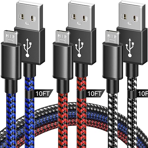 Miniatura 2 de Paquete de 3 cables de carga para controlador PS4 de 10 pies Cable de carga de nailon trenzado micro USB de alta velocidad compatible con