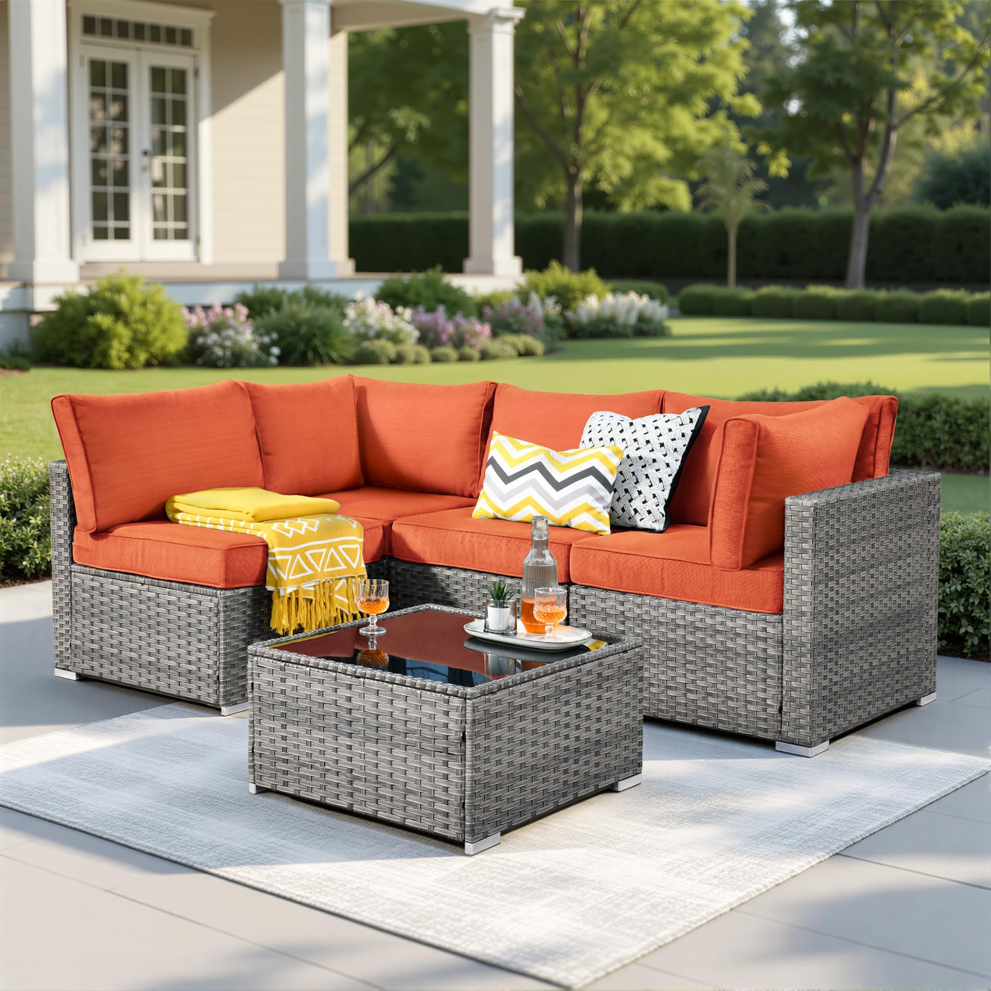 Weaxty 5 Pieces Patio Furniture Sets,Wicker Outdoor Sectional Sofa with Thicken Cushion and Rattan Coffee Table,Patio Conversation Couch Set for Porch