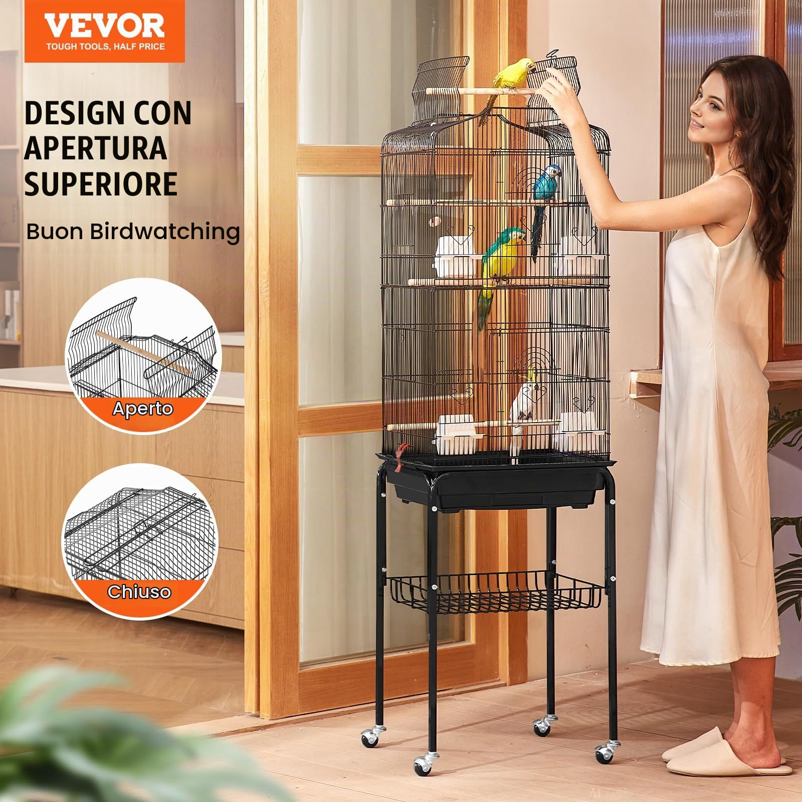 VEVOR Grande Gabbia per Uccelli, 45,7 x 35,5 x 151 cm Gabbia per Parrocchetti con Parte Superiore Aperta, Supporto Mobile, 4 Trespoli, Gabbia per Calopsitte, Giocattolo per Animali Domestici, Nero