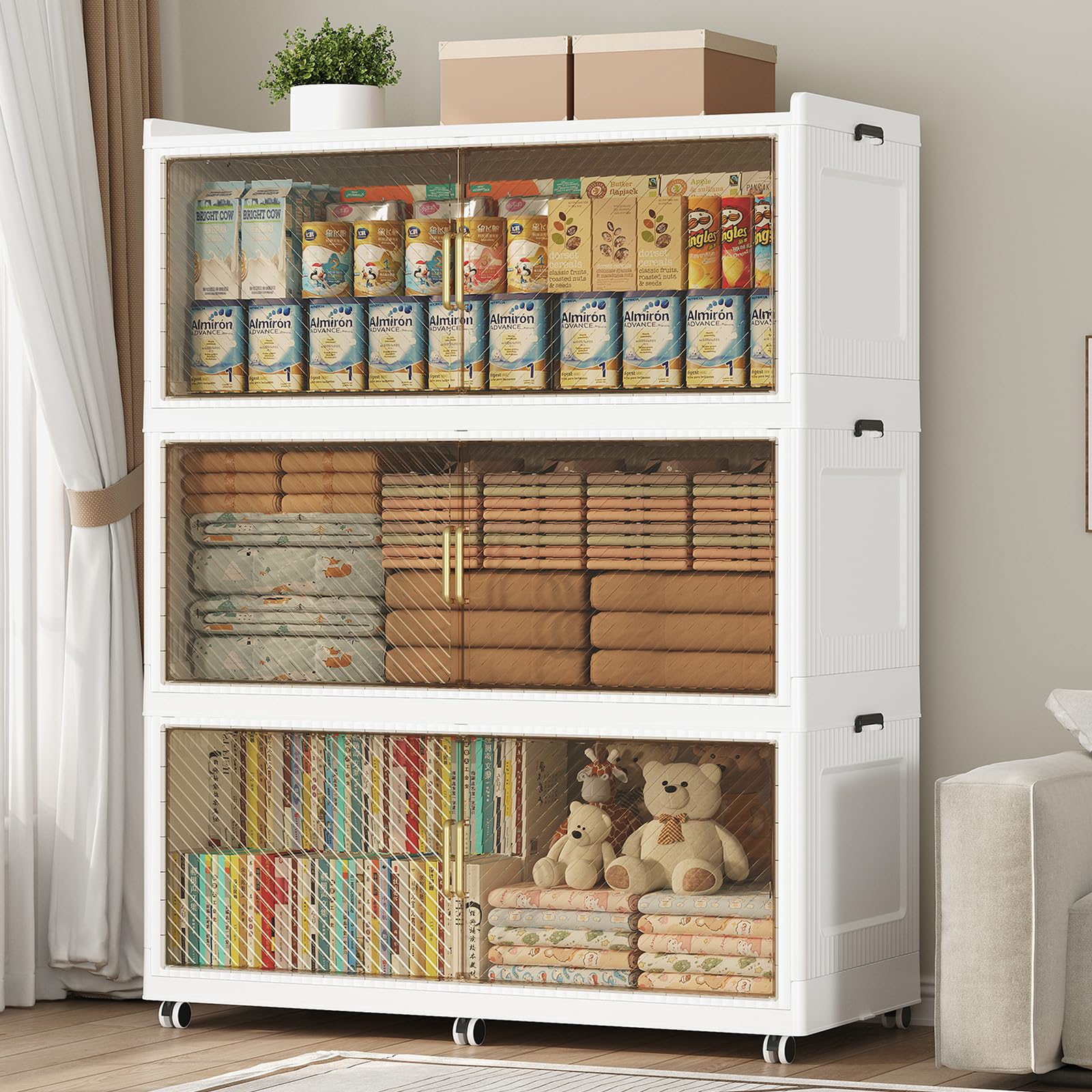 Fangtueh 240 Gallon Extra Large Collapsible Storage Bin with Lid, 960QT Stackable Plastic Organizer with 6x Wheels, Foldable Drawer Cabinet for Closet