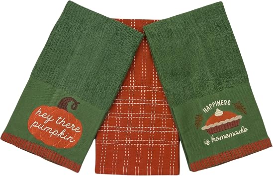 Autumn Fall Bath Hand Kitchen Towels Home Decor Plush Soft Green Rust 100% Cotton Terry Velour Embroidered Hey There Pumpkin Happiness is Homemade Design 3 Piece Set