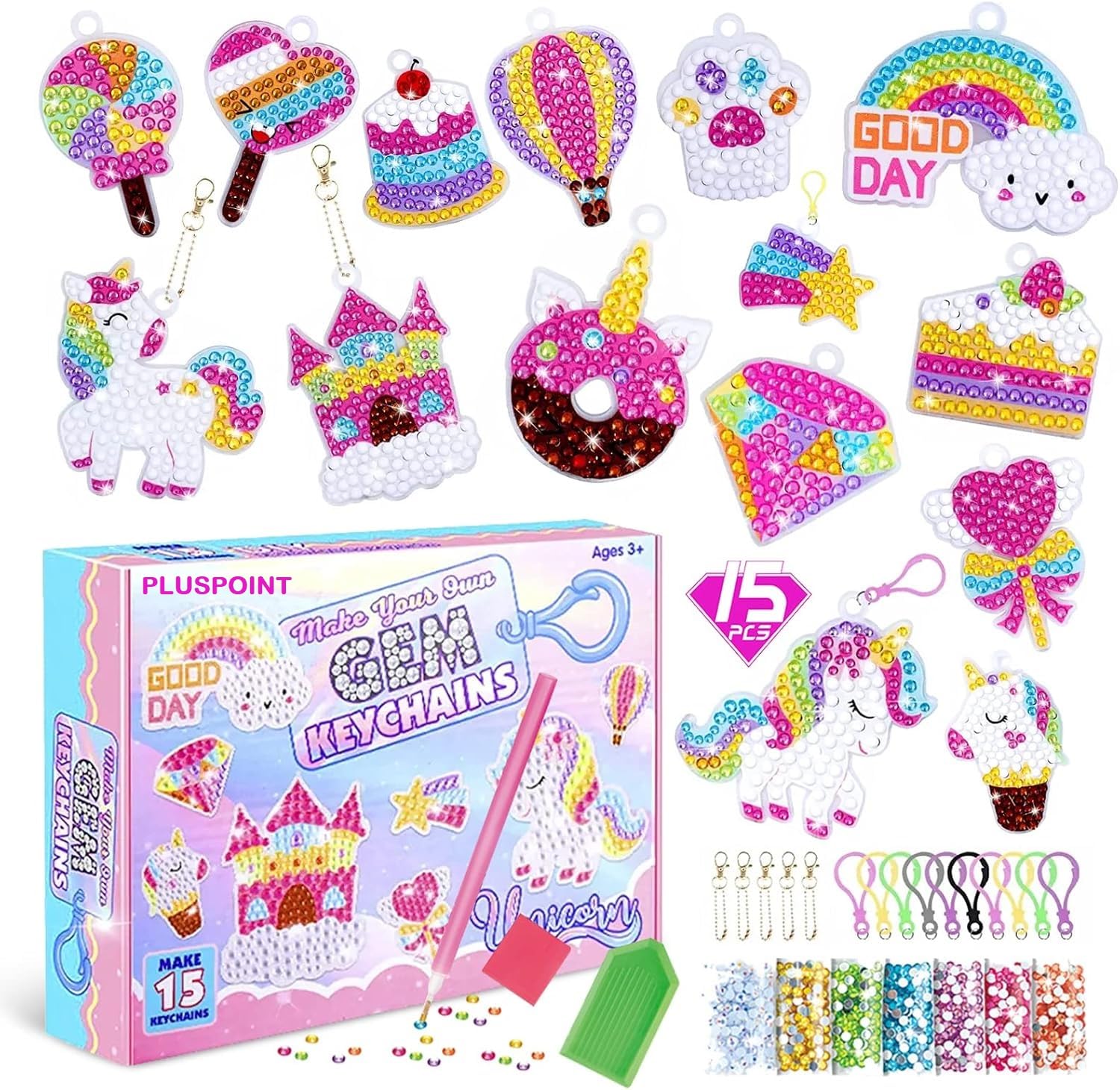 PLUSPOINT Unicorn Diamond Painting Kit Gem Art Keychains, 5D Diamond Art Craft Kit for Kids, 15 PCs DIY Diamond Art Key Chains Creative Decorative Pendant Key Ring for Ages 5-12 Birthday Festival Gift