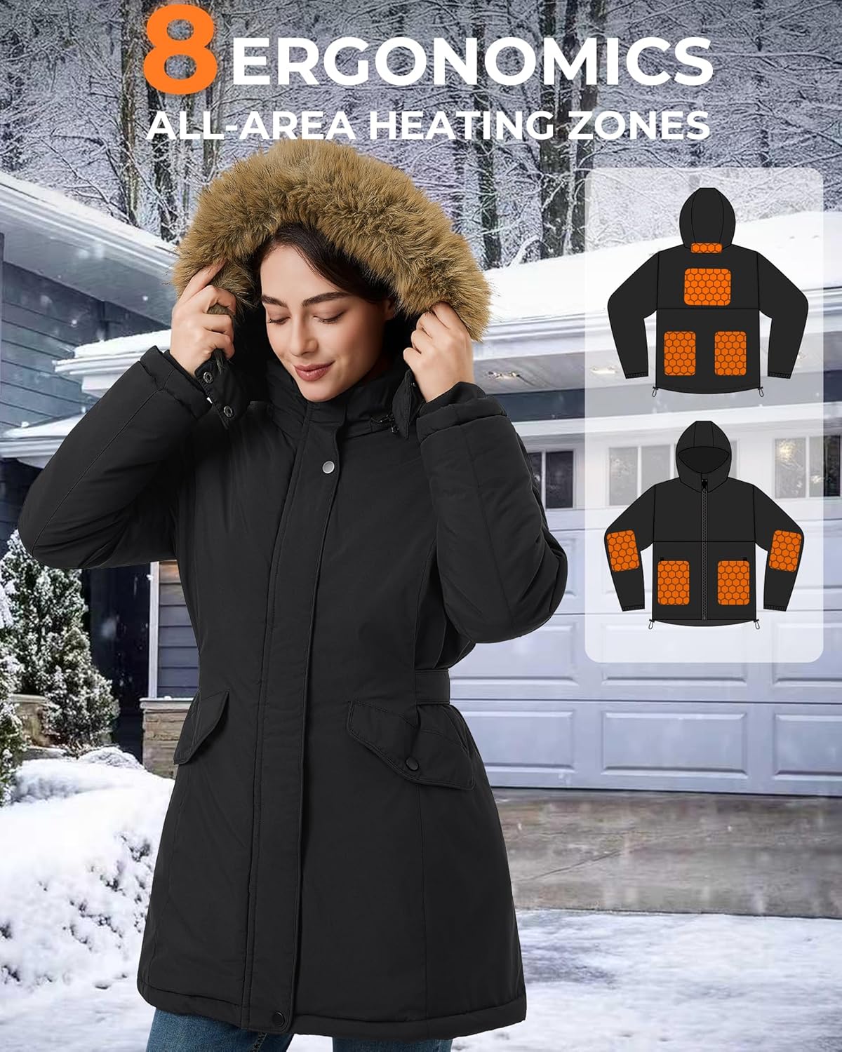 Graphene Long Heated Jacket for Women with 18400mAh 12V Battery Pack, Womens Parka Coat with Faux Fur Detachable Hood - Image 3