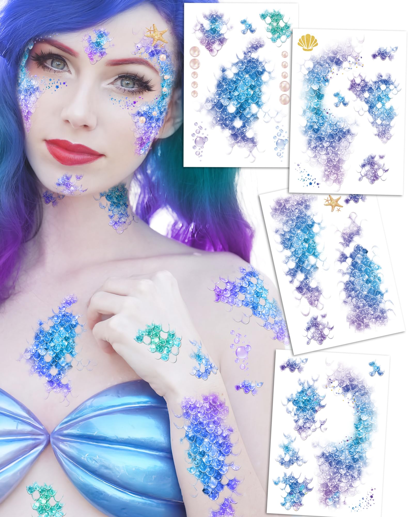 YanZonicHalloween Mermaid Scale Temporary Tattoos,16 Sheets Girls Charming Mermaid Temporary Tattoos for Kids Adults, Enjoyable Ocean Theme Birthday Party Favors