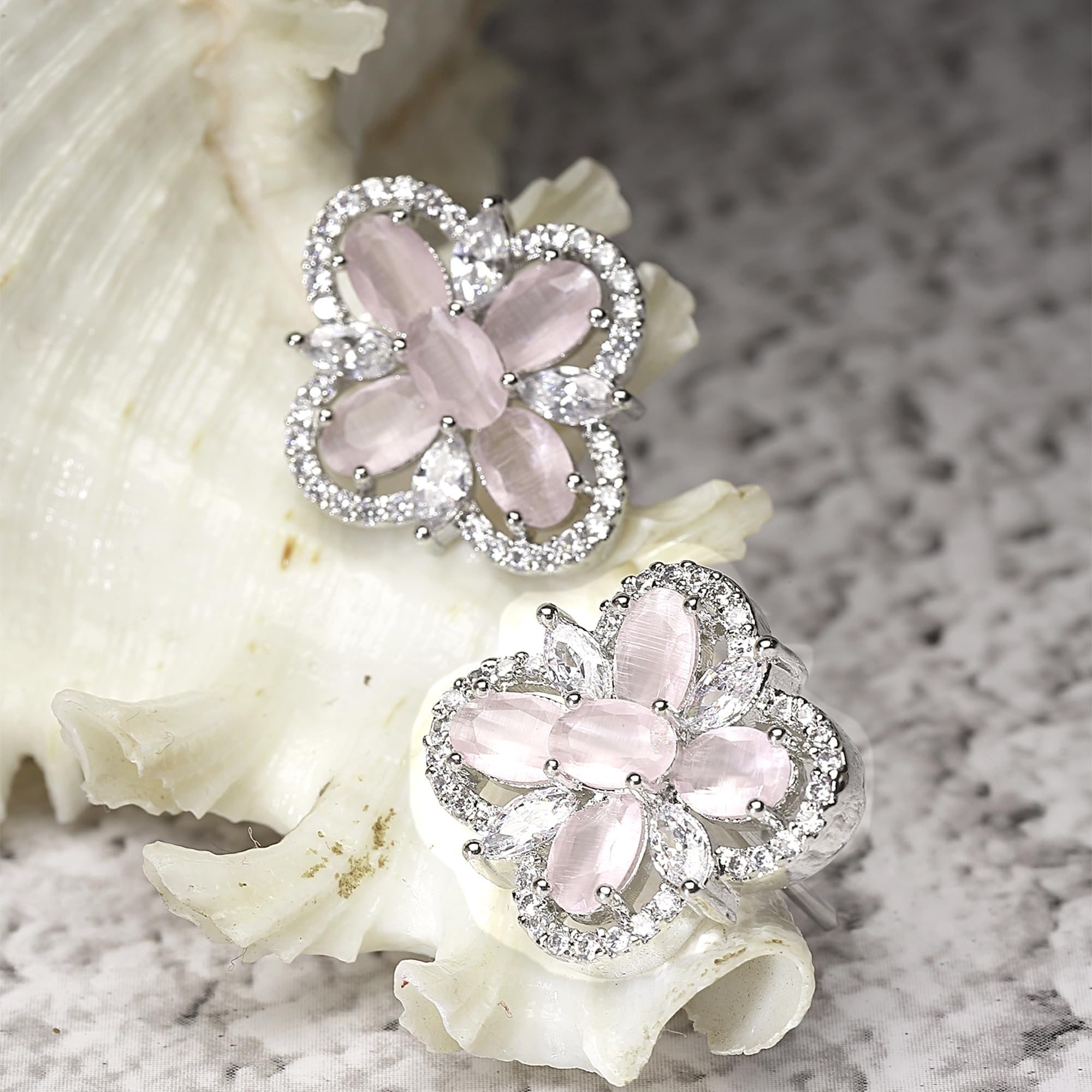 Rhodium-Plated American Diamond Floral Stud Earrings