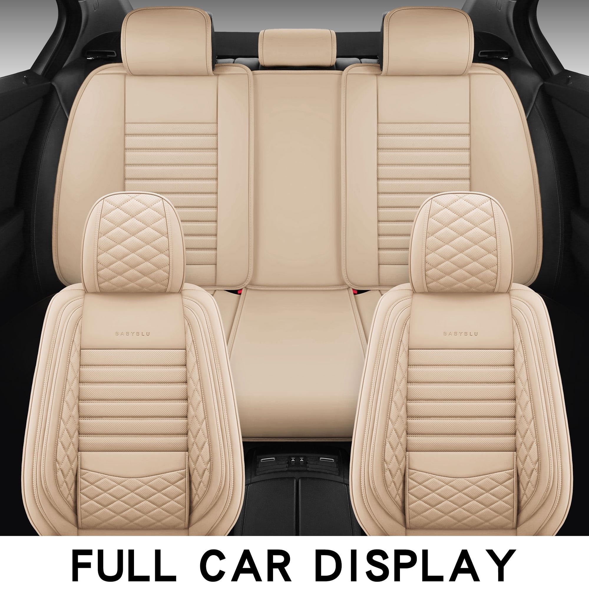 BABYBLU Coprisedili per auto in finta pelle, copertura completa, universali, adatti per auto, SUV, pick-up con similpelle impermeabile, accessori interni (set completo, beige)
