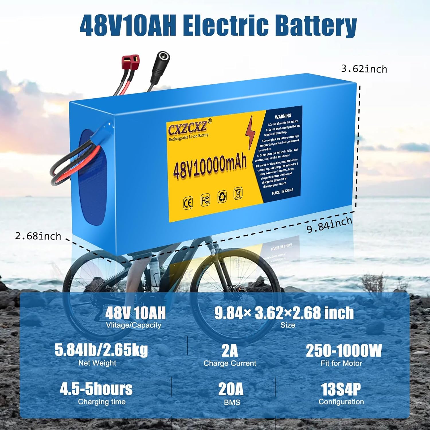 48V Ebike Battery, Lithium Battery with XT60 Connector, Compatible with E-Bikes, Scooters, ATVs, Motorcycles and More, for 200-1000W Motor（48V10AH(250W-1000W)