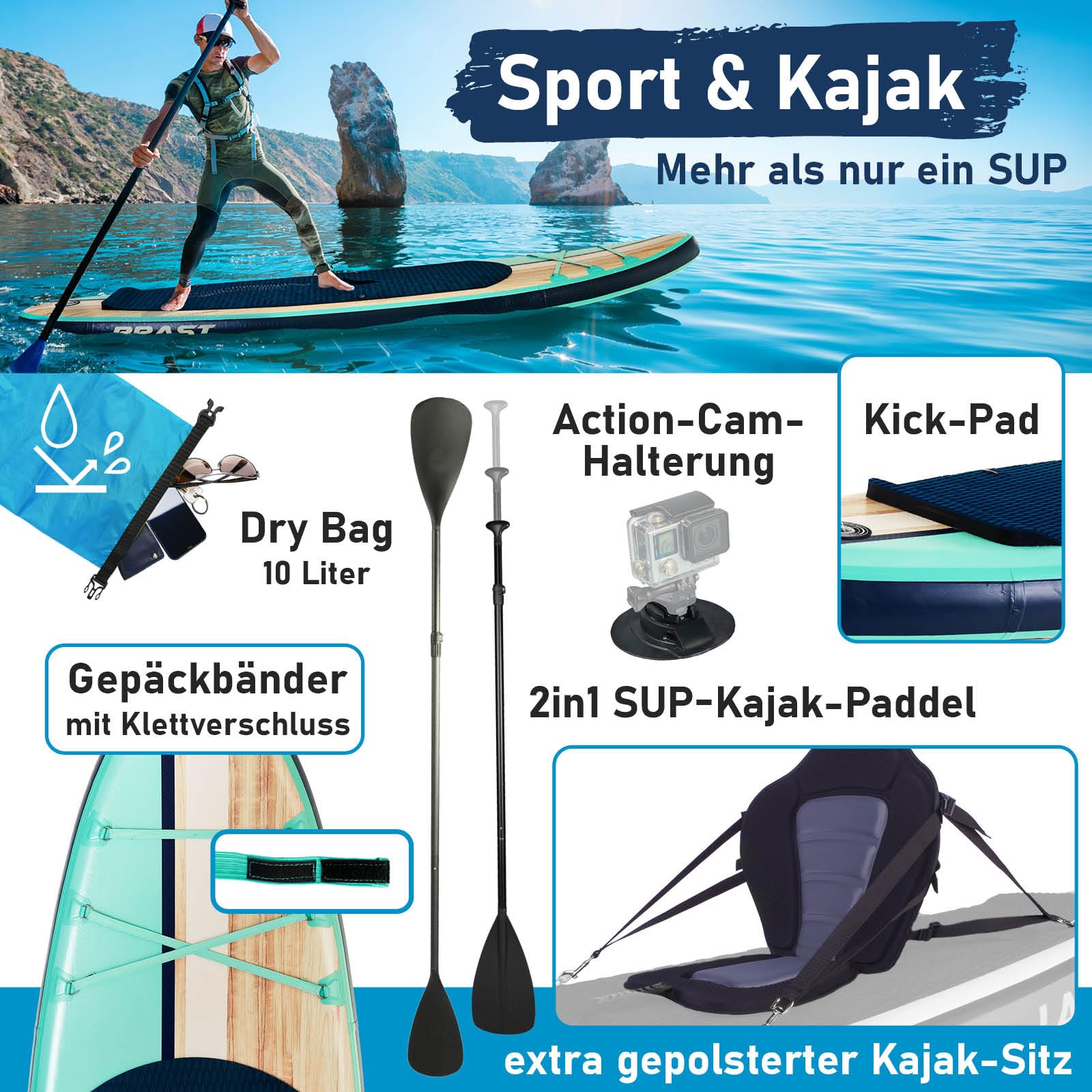 BRAST SUP Board Shark | Aufblasbares Stand up Paddle Set | 320x81x15cm | 8 Designs | 5 Jahre Garantie | inkl. Sonderzubehör | 2in1 Paddel Kajak-Sitz Action-Cam-Halterung Fußschlaufe Pumpe Rucksack