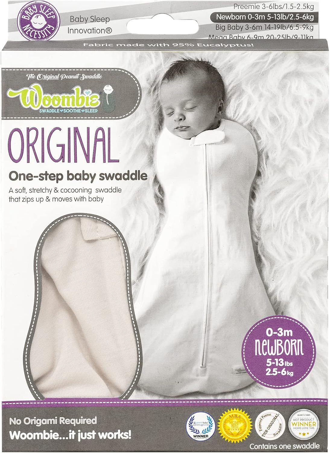 Woombie Eucalyptus Leaf Tencel Sweaddling Blanket - Ultra Soft, Soothing Eucalyptus Fiber Newborn Swaddle - Wearable Baby Blanket - Cream, 5-13lbs