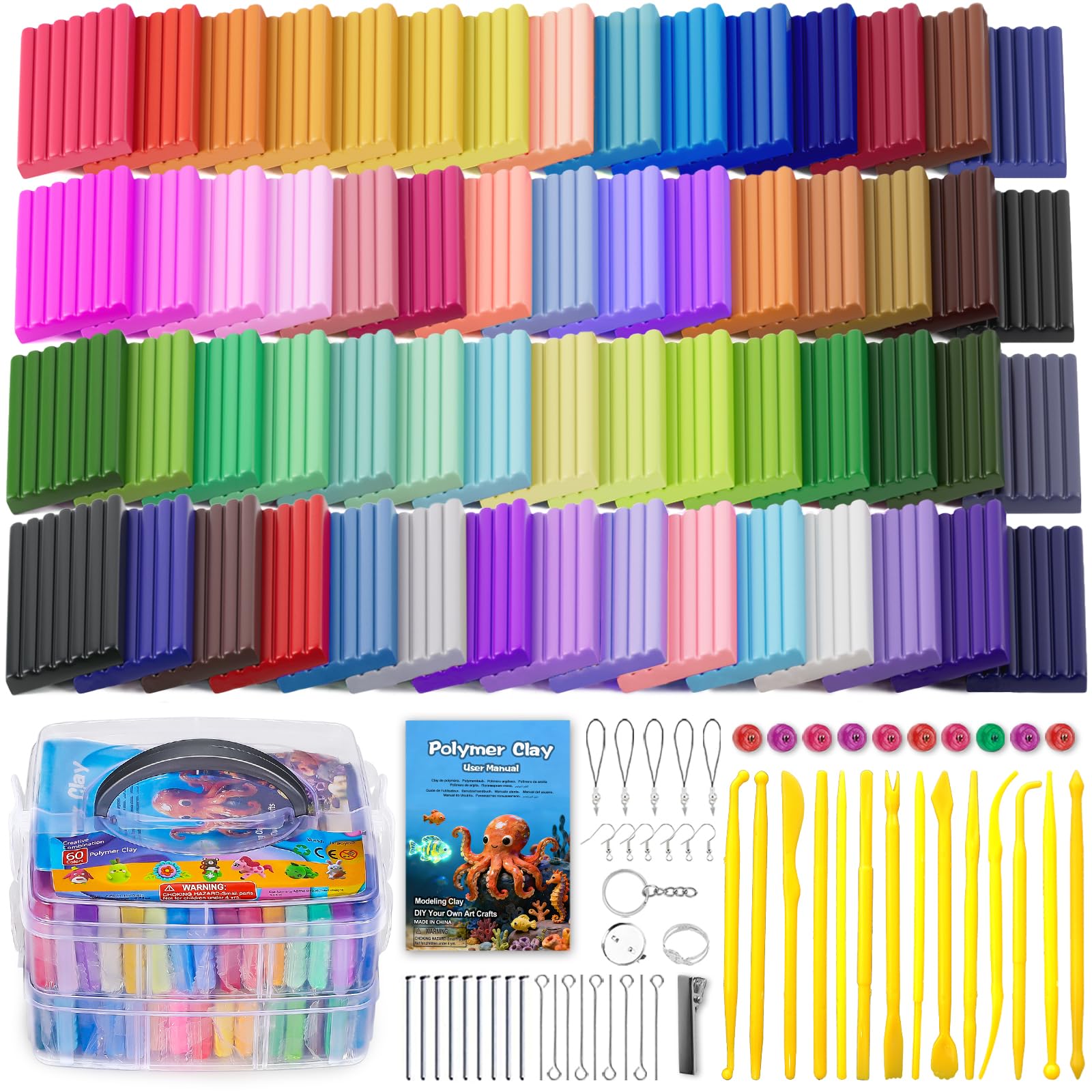 60 Colors Polymer Clay, Oven Bake DIY Modeling Clay for Kids | Easy to Shape, Non-Sticky, Model Clay Toys with Sculpting Tools, Art Supply for School Project, Home Decor, Gift for Artists