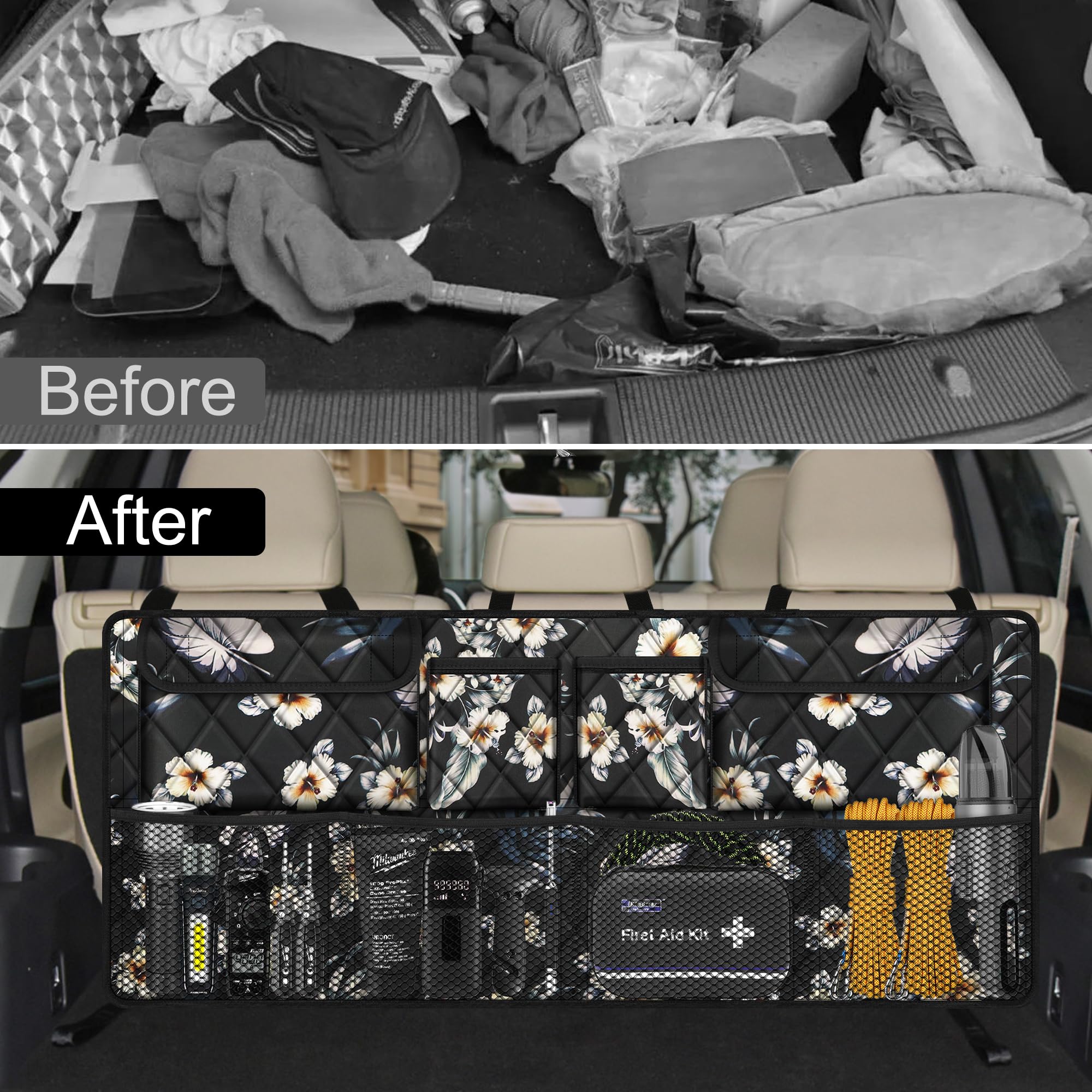 Femuar Organizador de maletero de coche, Accesorio Coche, Organizador de maletero de asiento trasero de gran capacidad (42 x 18 pulgadas), Bolsa de almacenamiento plegable con 8 bolsillos